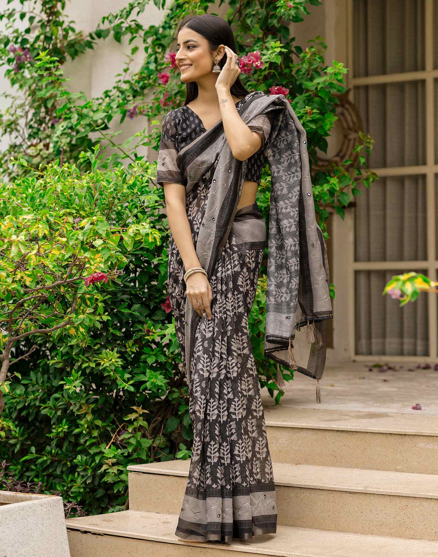 Black Chanderi Printed Saree