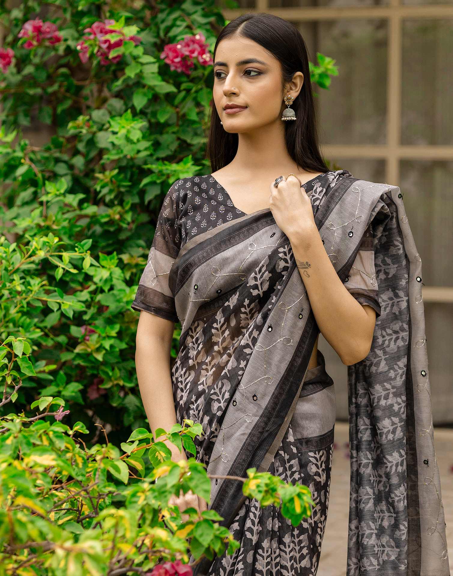 Black Chanderi Printed Saree