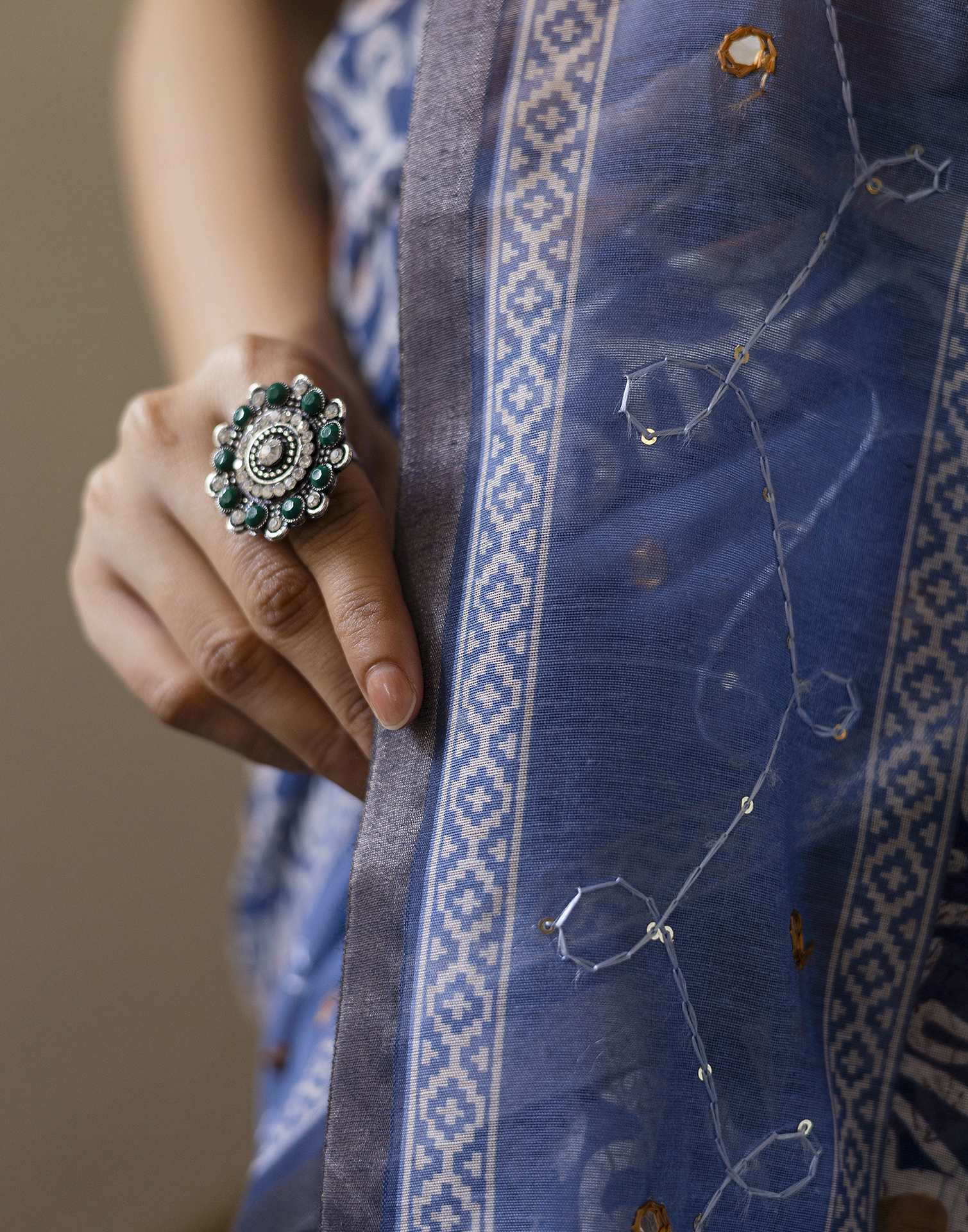 Blue Chanderi Printed Saree