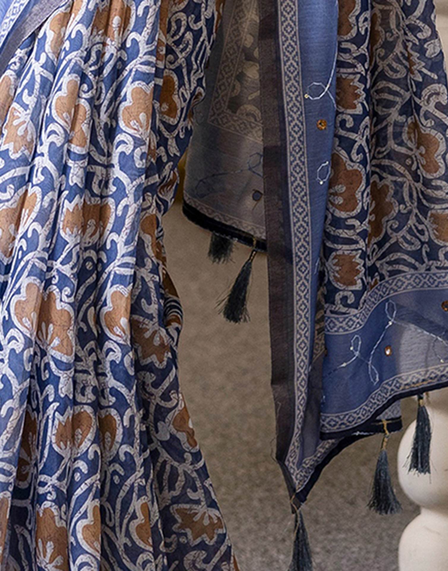Blue Chanderi Printed Saree