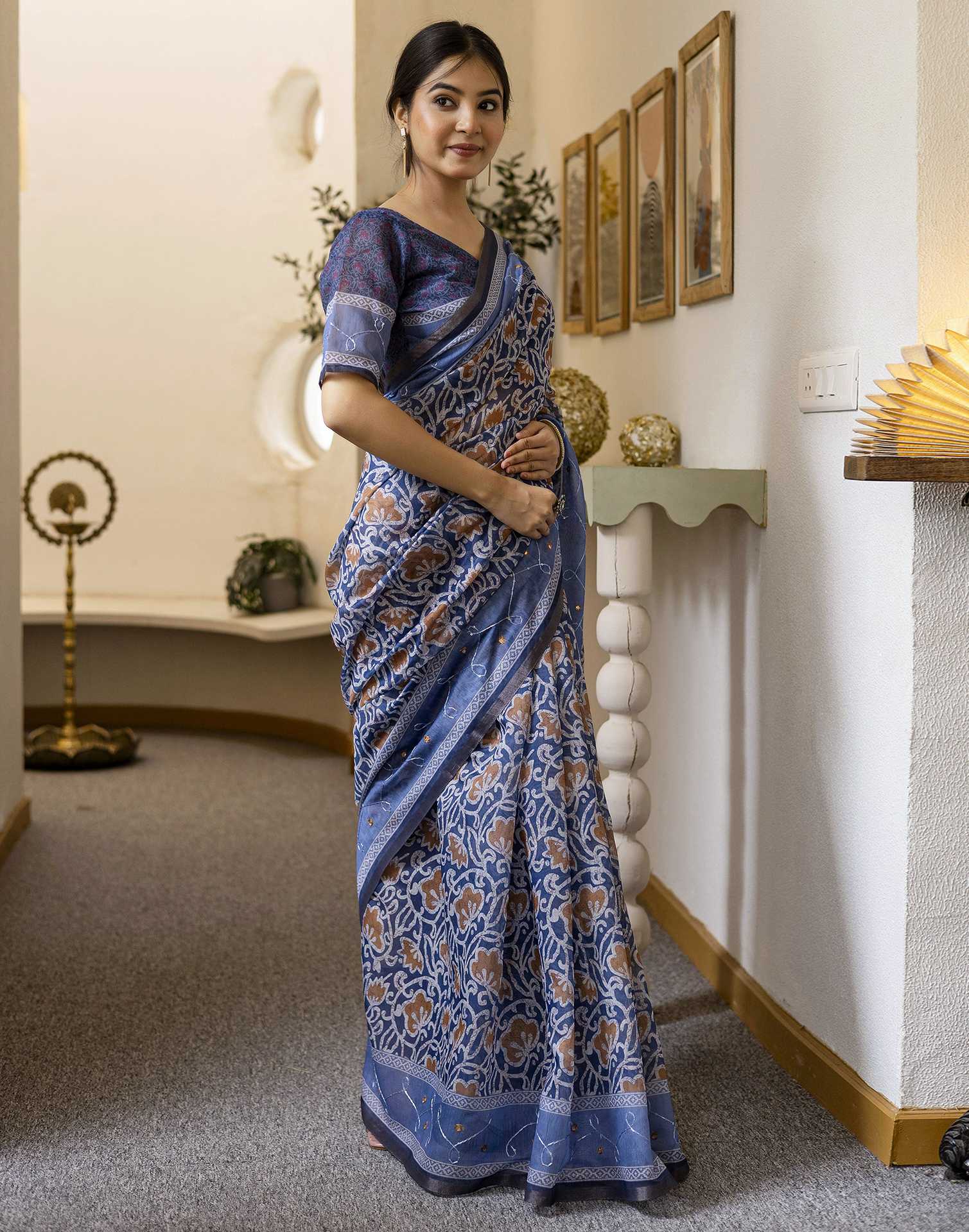 Blue Chanderi Printed Saree