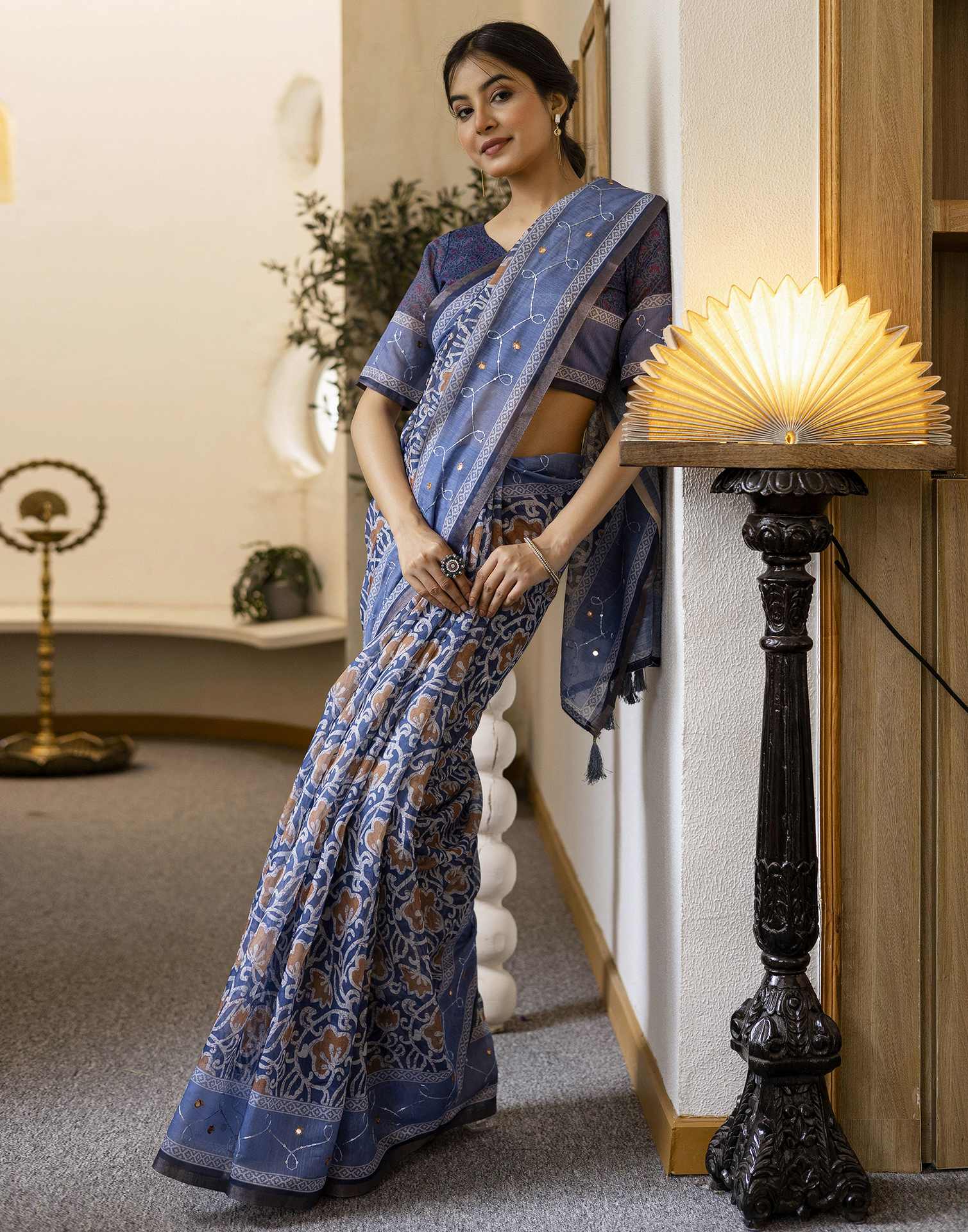 Blue Chanderi Printed Saree