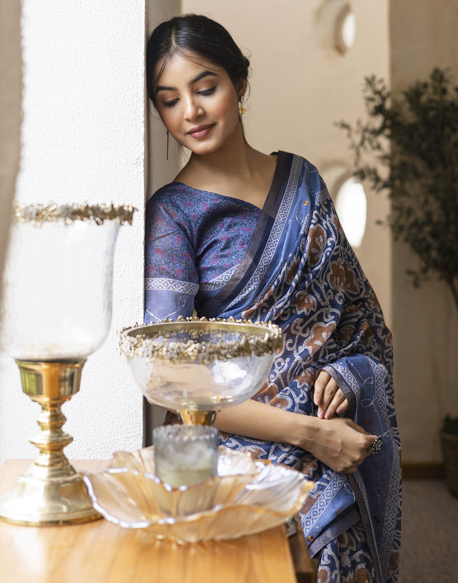 Blue Chanderi Printed Saree