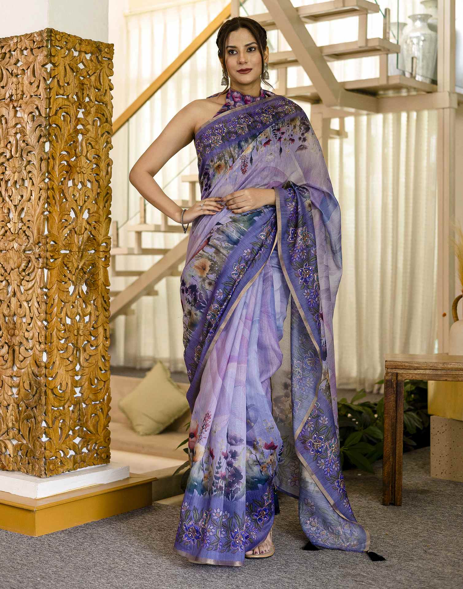 Light Purple Chanderi Floral Printed Saree