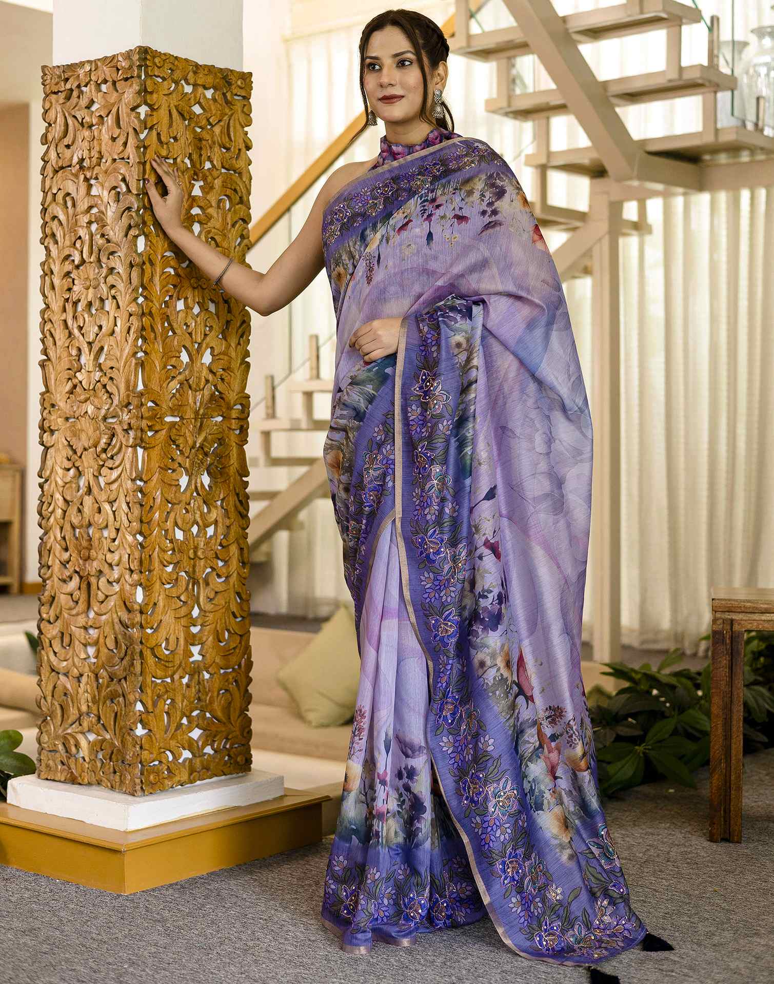 Light Purple Chanderi Floral Printed Saree