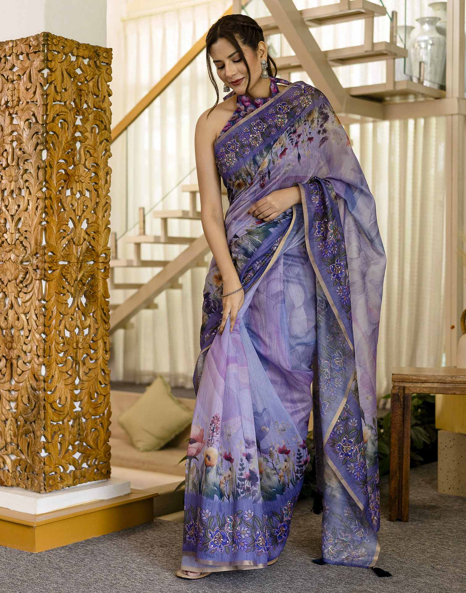 Light Purple Chanderi Floral Printed Saree