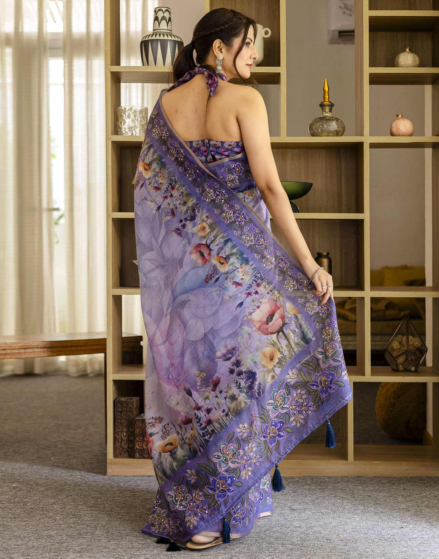 Light Purple Chanderi Floral Printed Saree