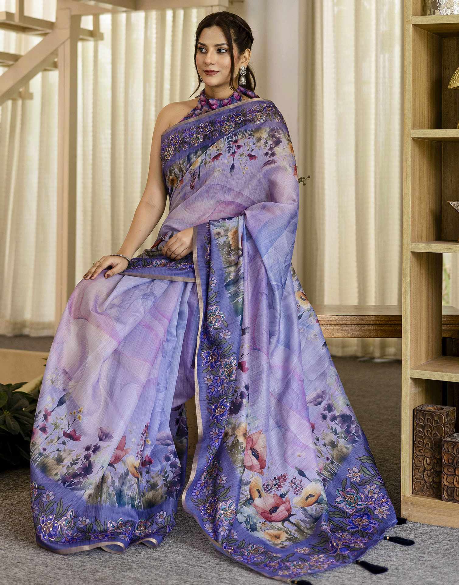Light Purple Chanderi Floral Printed Saree