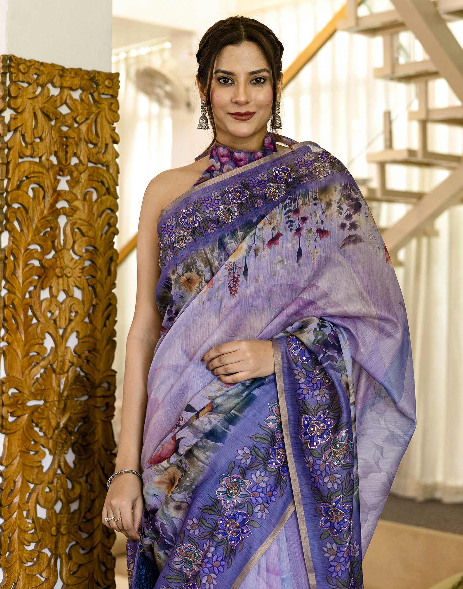 Light Purple Chanderi Floral Printed Saree