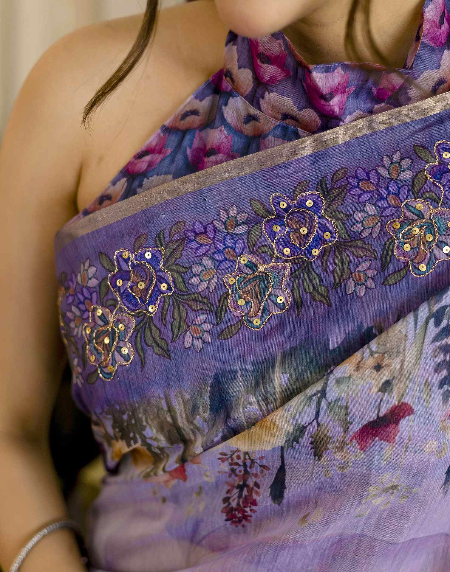 Light Purple Chanderi Floral Printed Saree