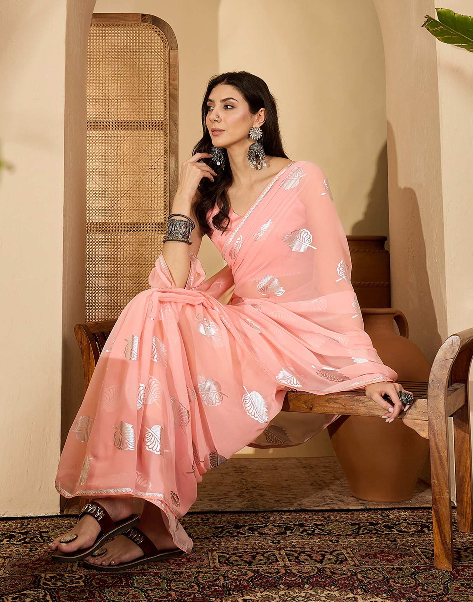 Light Peach Georgette Foil Printed Saree
