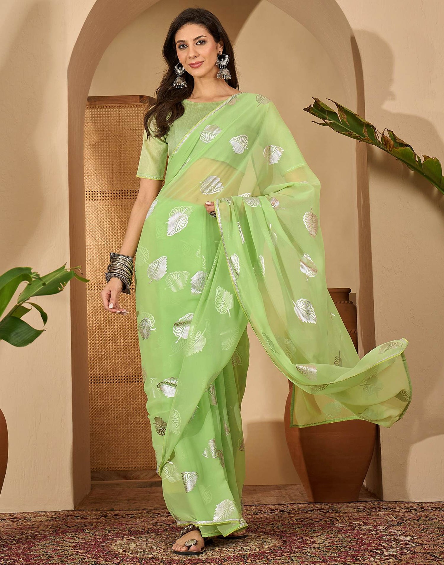 Light Green Georgette Foil Printed Saree