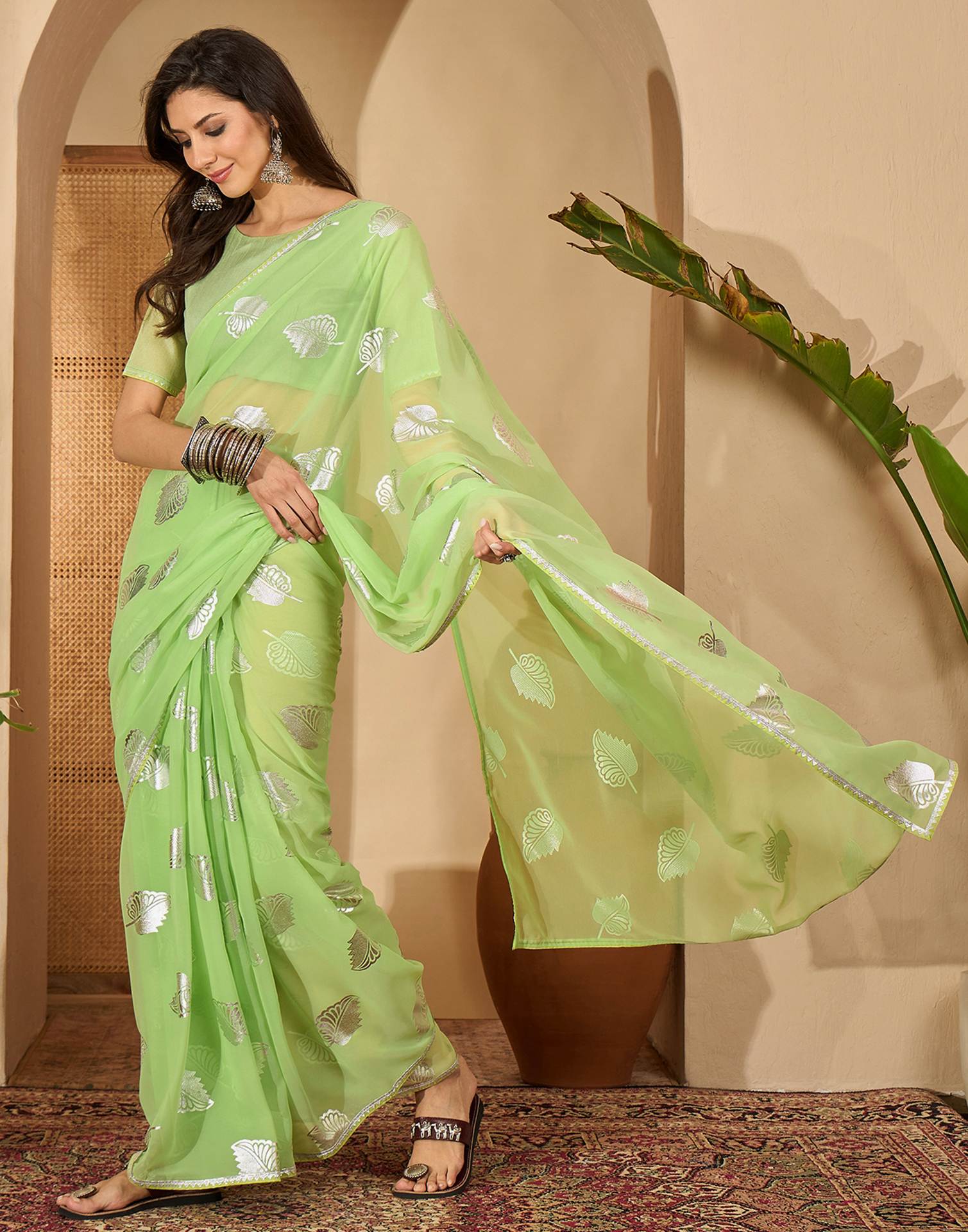 Light Green Georgette Foil Printed Saree
