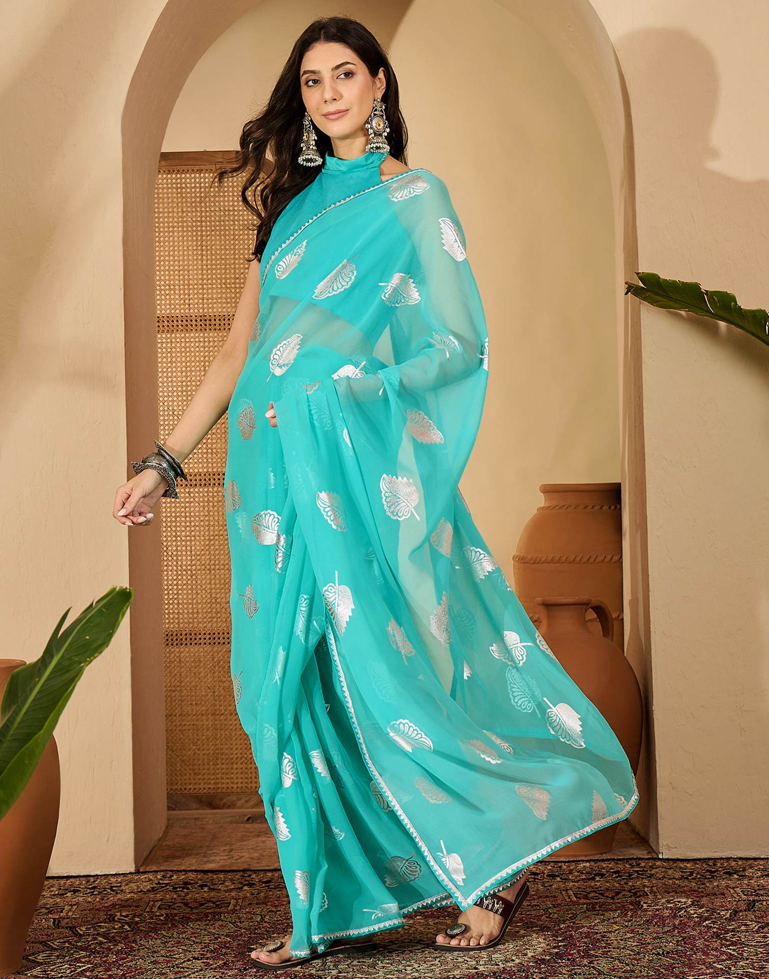 Turquoise Georgette Foil Printed Saree