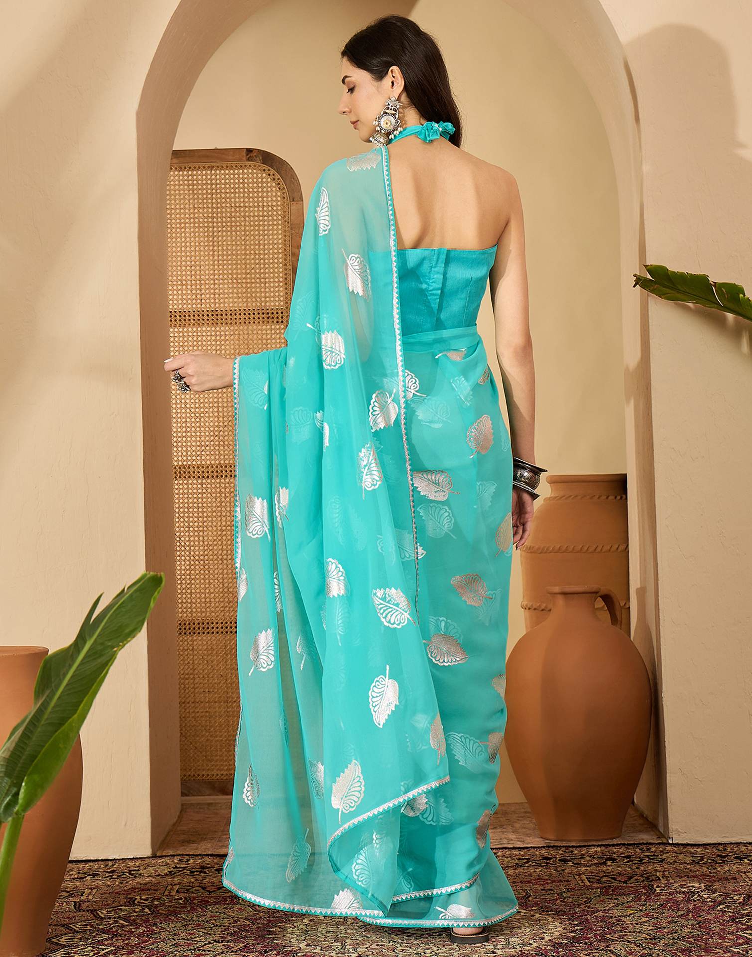 Turquoise Georgette Foil Printed Saree