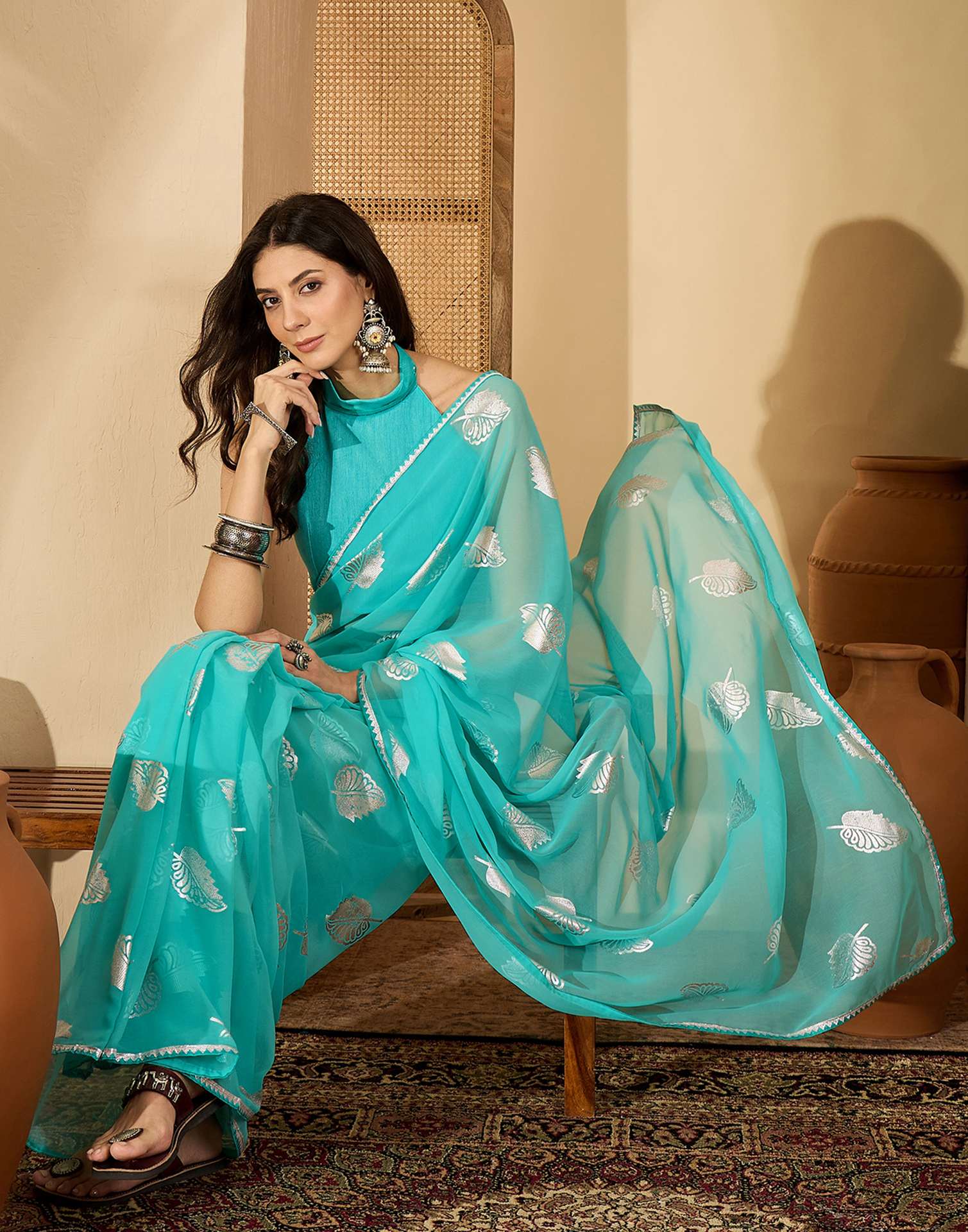 Turquoise Georgette Foil Printed Saree