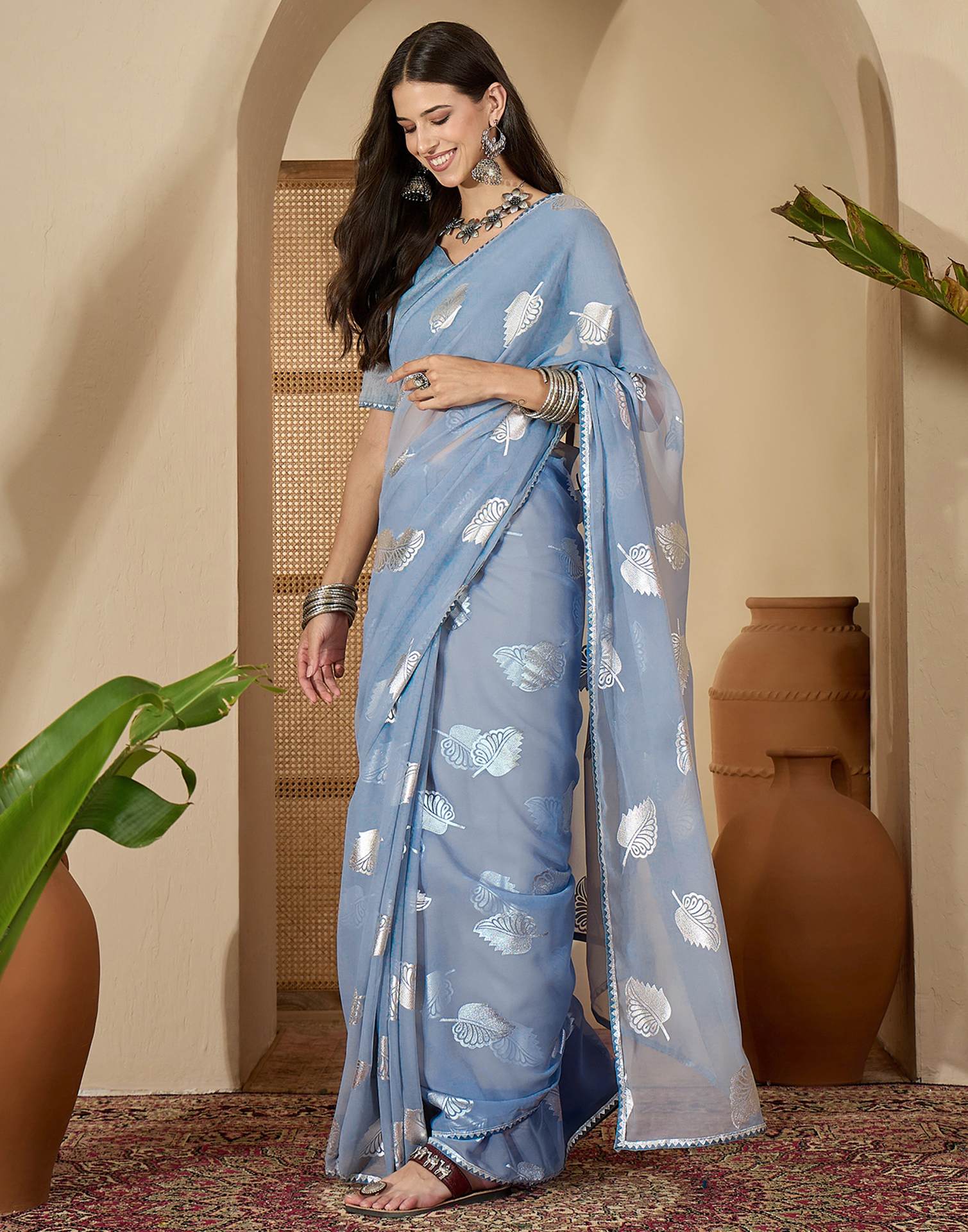 Grey Georgette Foil Printed Saree