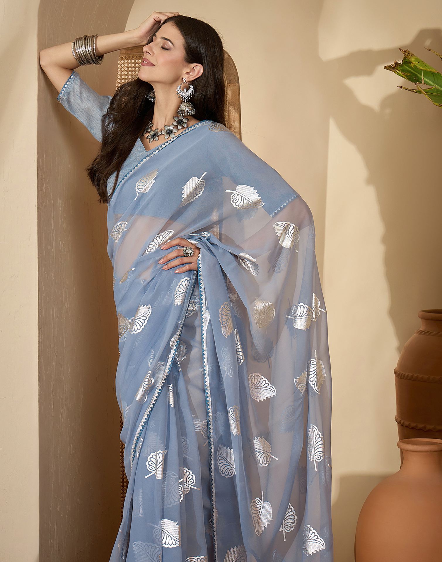 Grey Georgette Foil Printed Saree