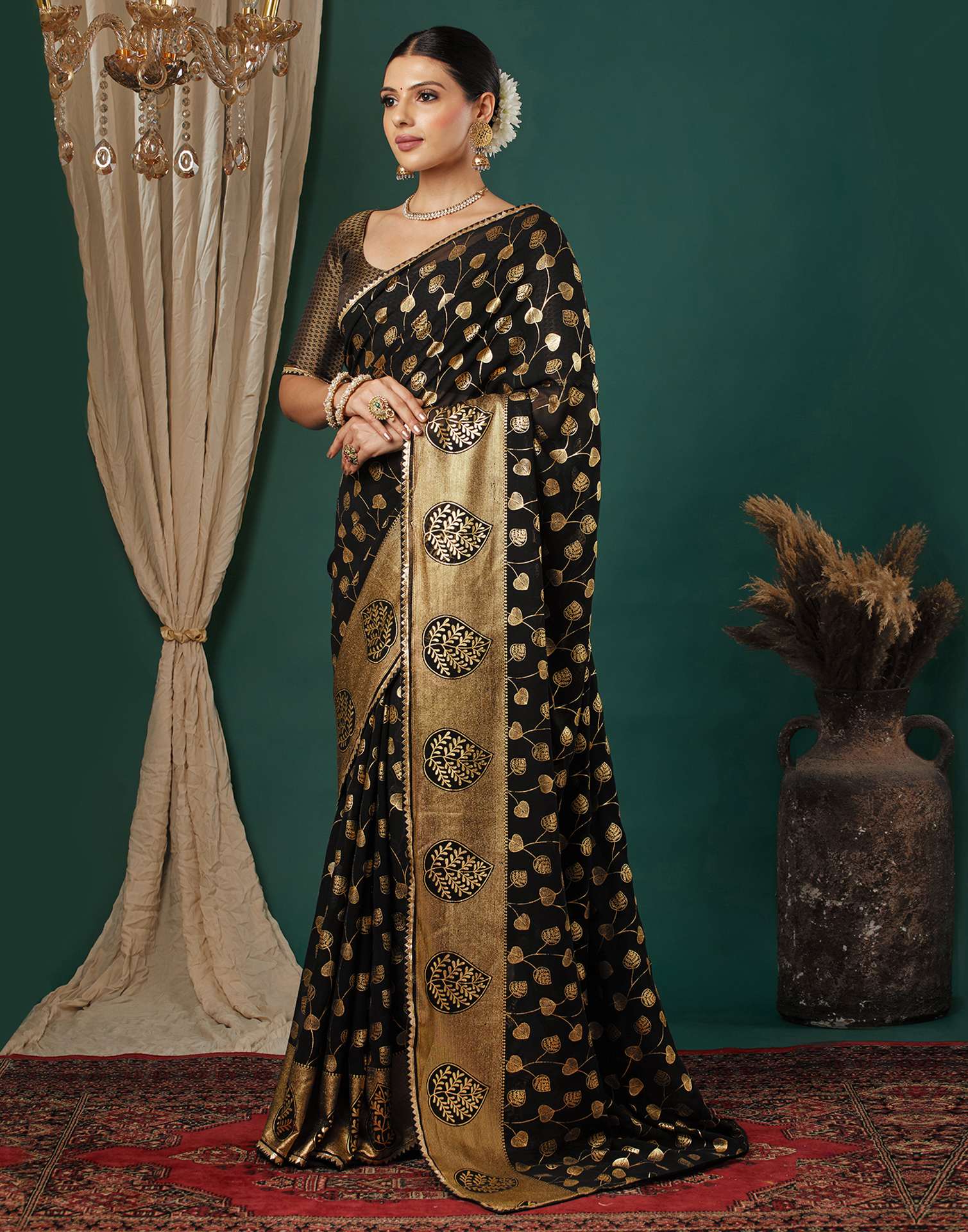 Black Georgette Foil Printed Saree