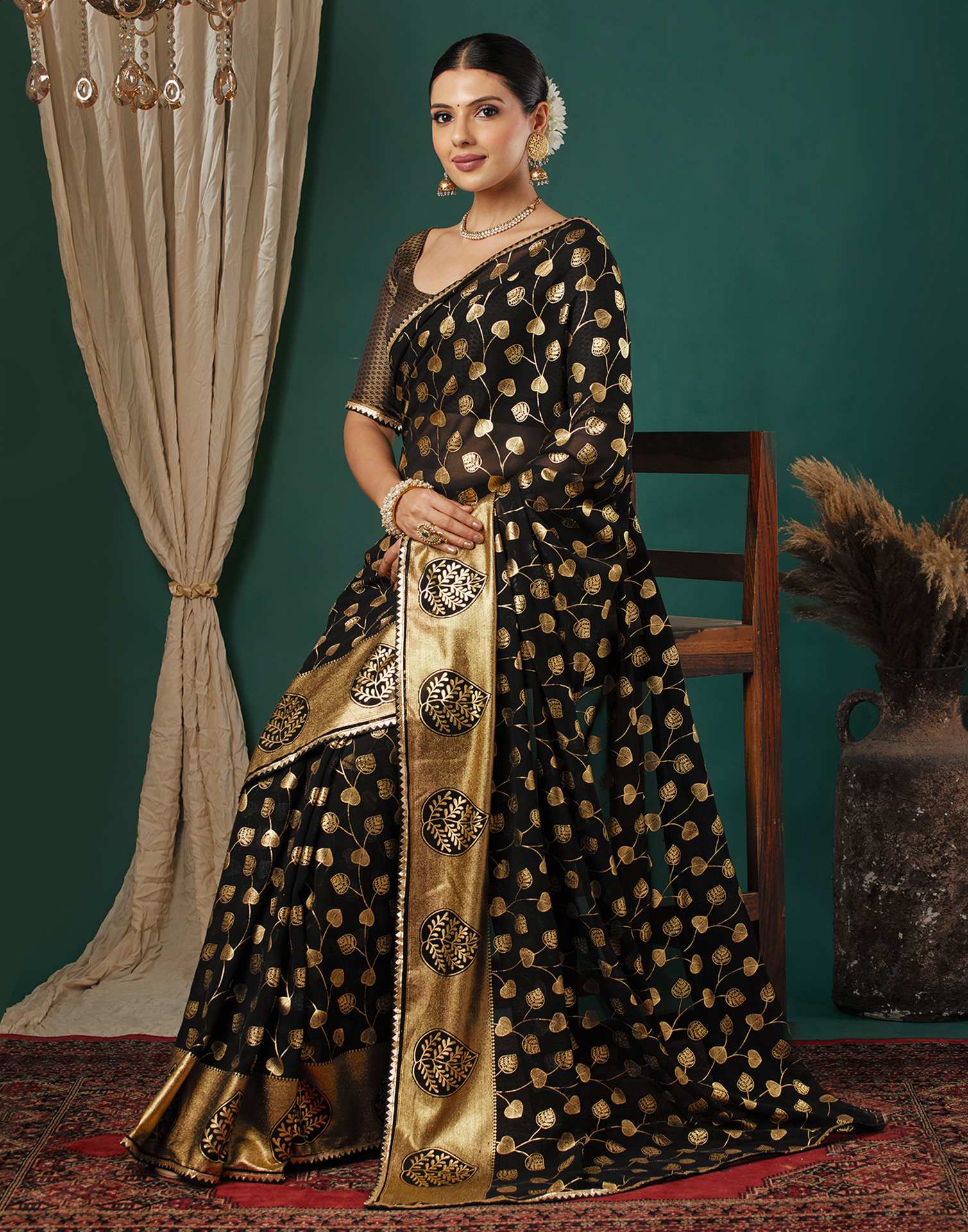 Black Georgette Foil Printed Saree