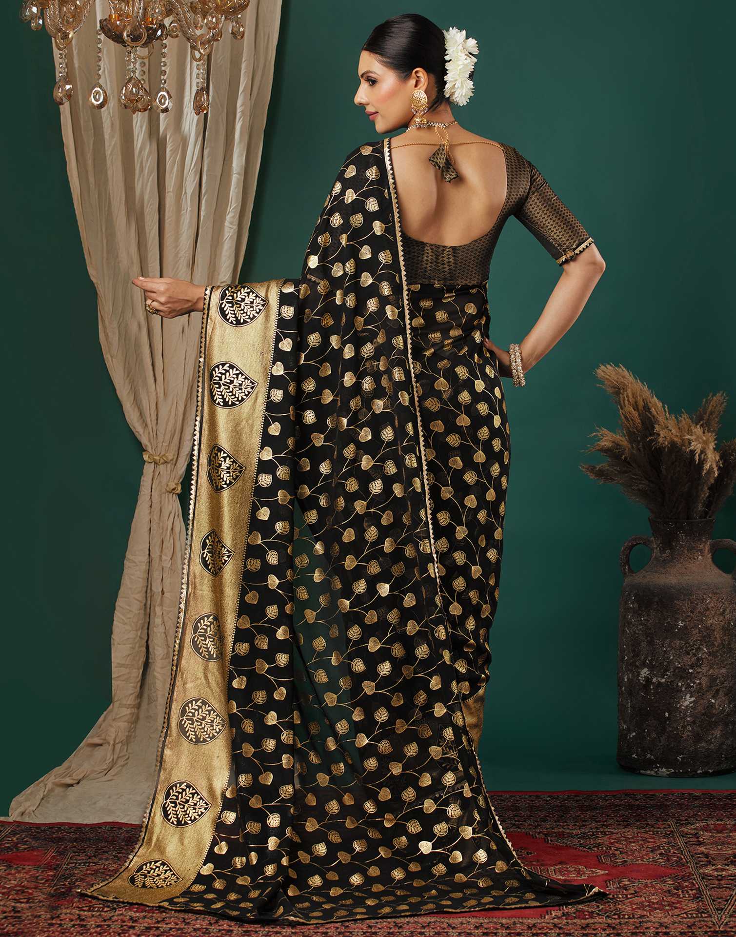 Black Georgette Foil Printed Saree