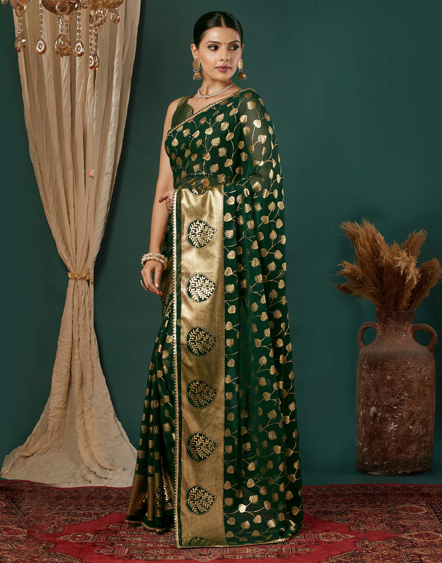 Dark Green Georgette Foil Printed Saree
