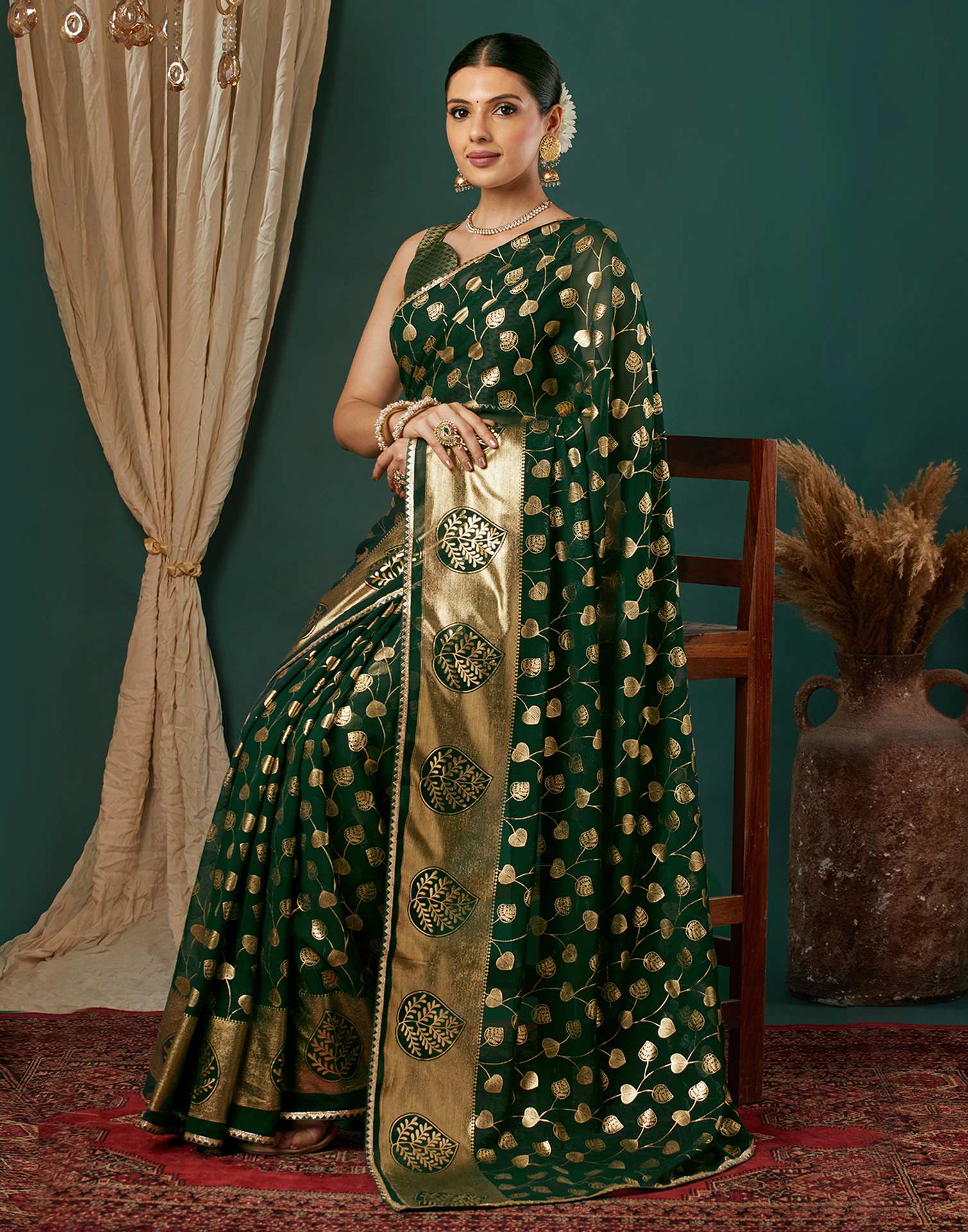 Dark Green Georgette Foil Printed Saree