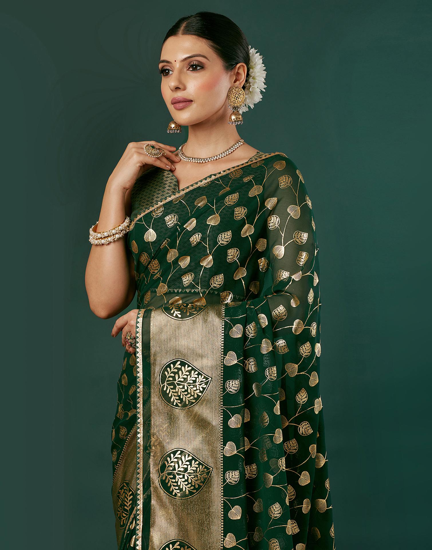Dark Green Georgette Foil Printed Saree