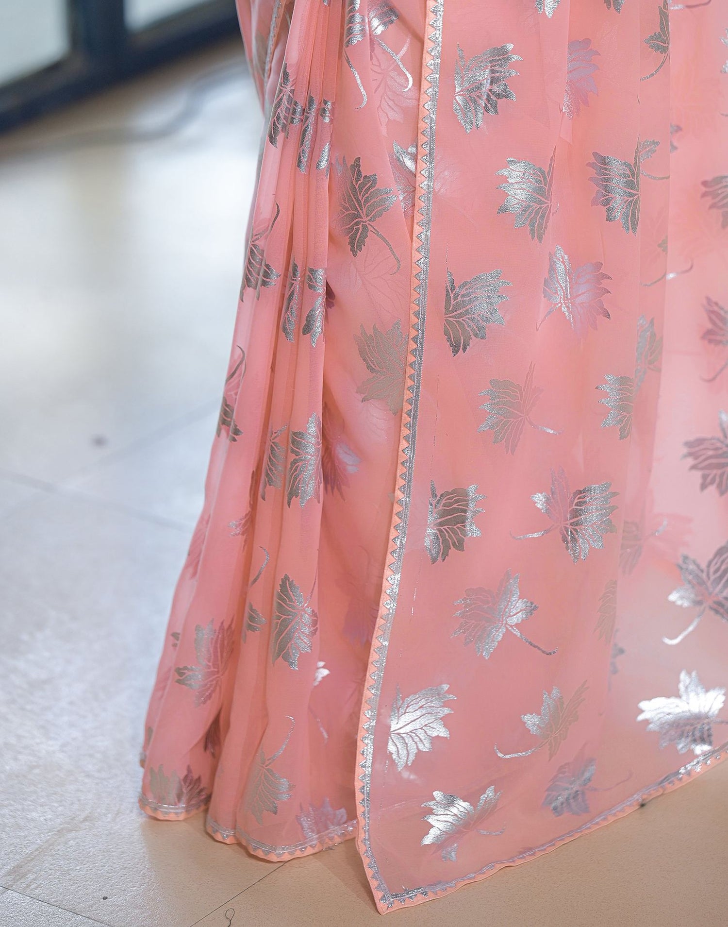 Peach Georgette Foil Printed Saree