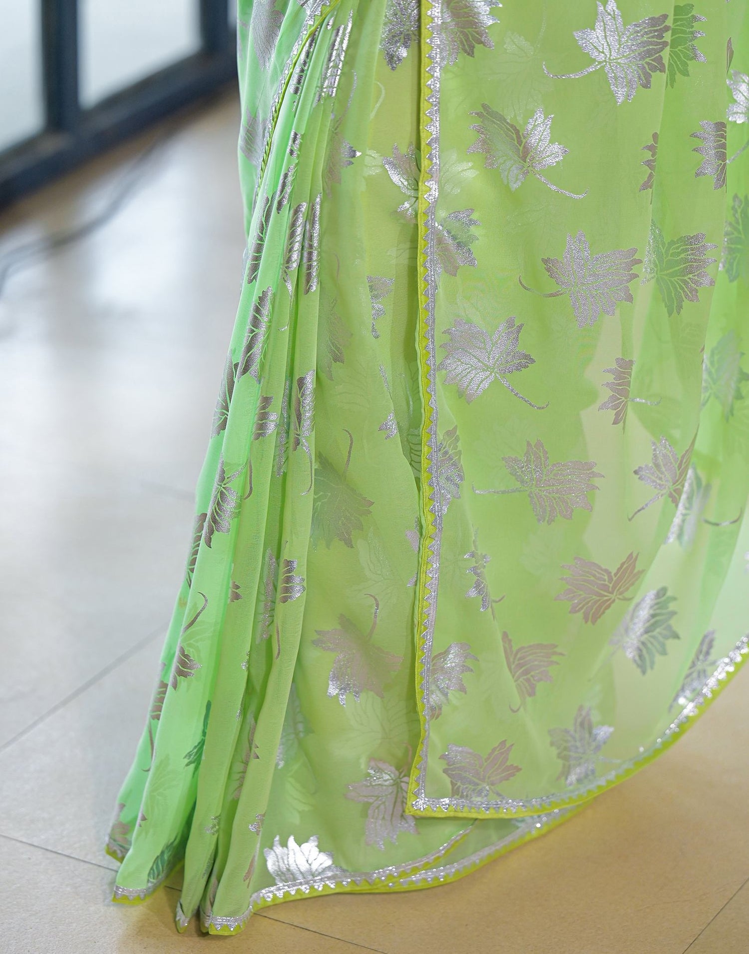 Pista Green Georgette Foil Printed Saree