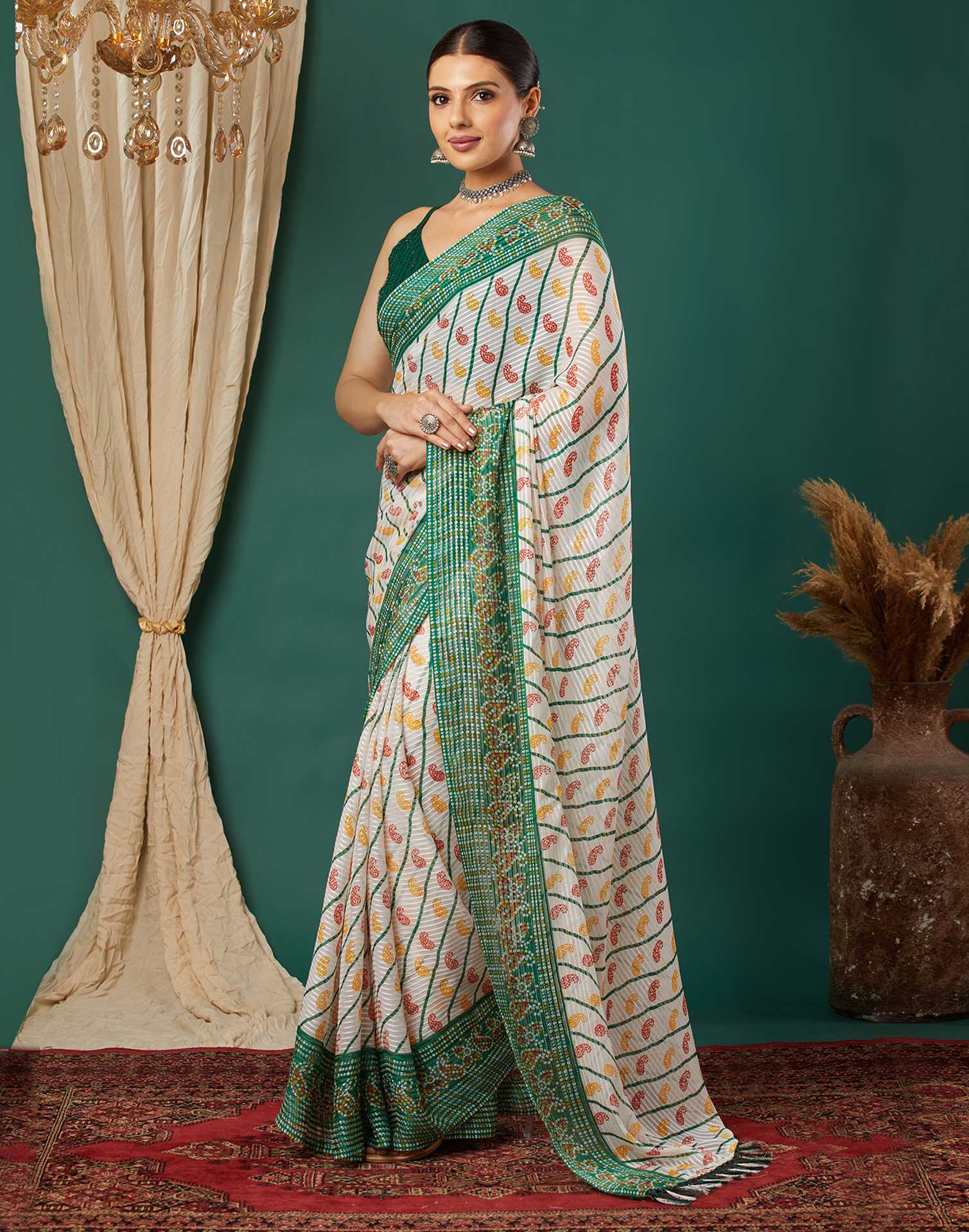 Dark Green Georgette Bandhani Printed Saree