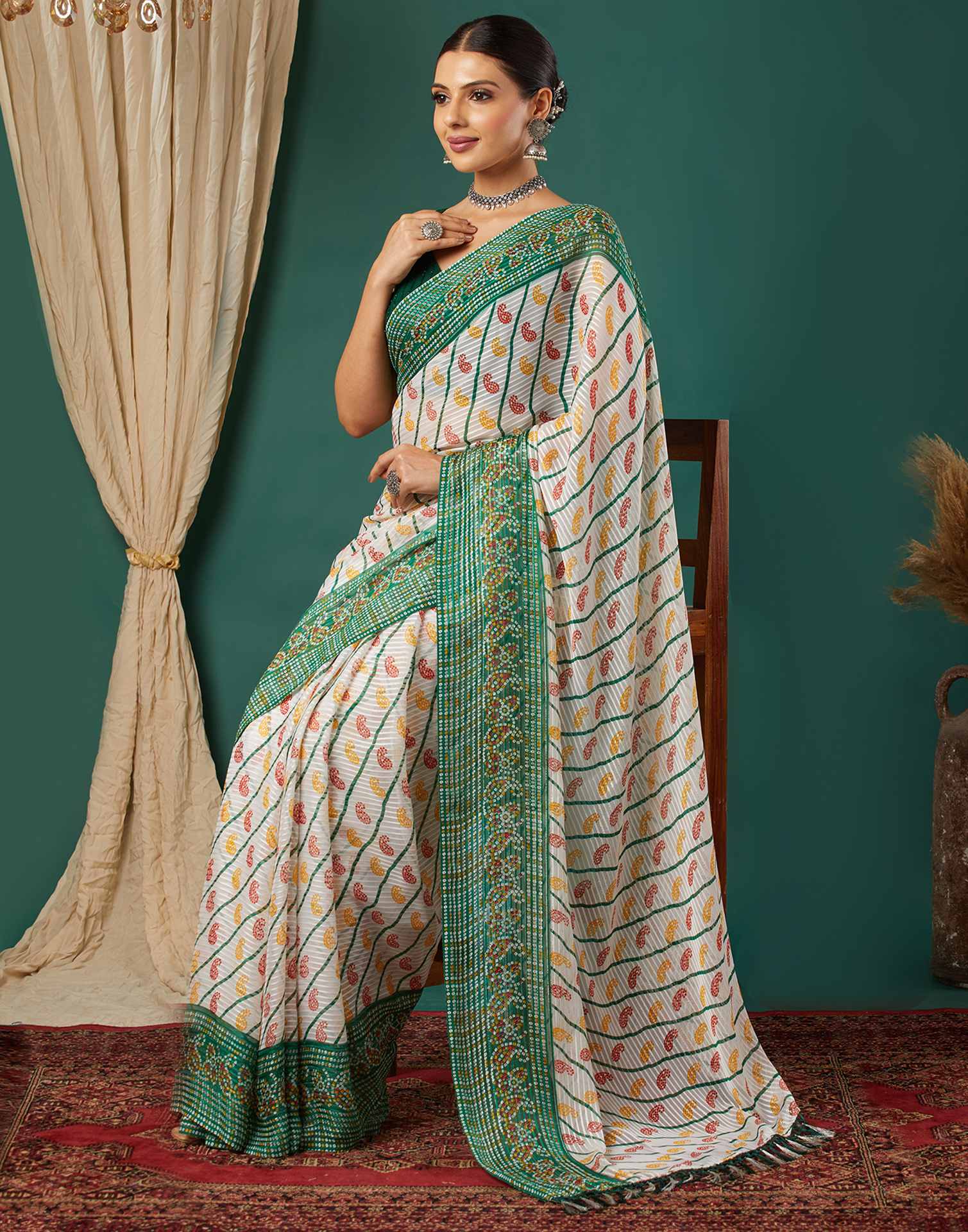 Dark Green Georgette Bandhani Printed Saree
