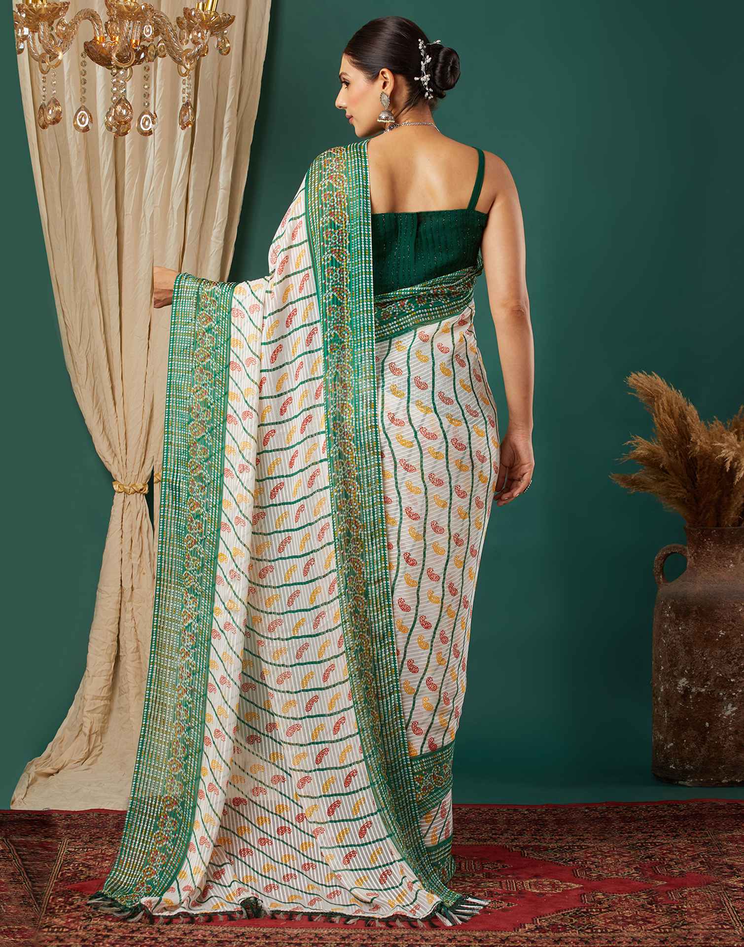 Dark Green Georgette Bandhani Printed Saree