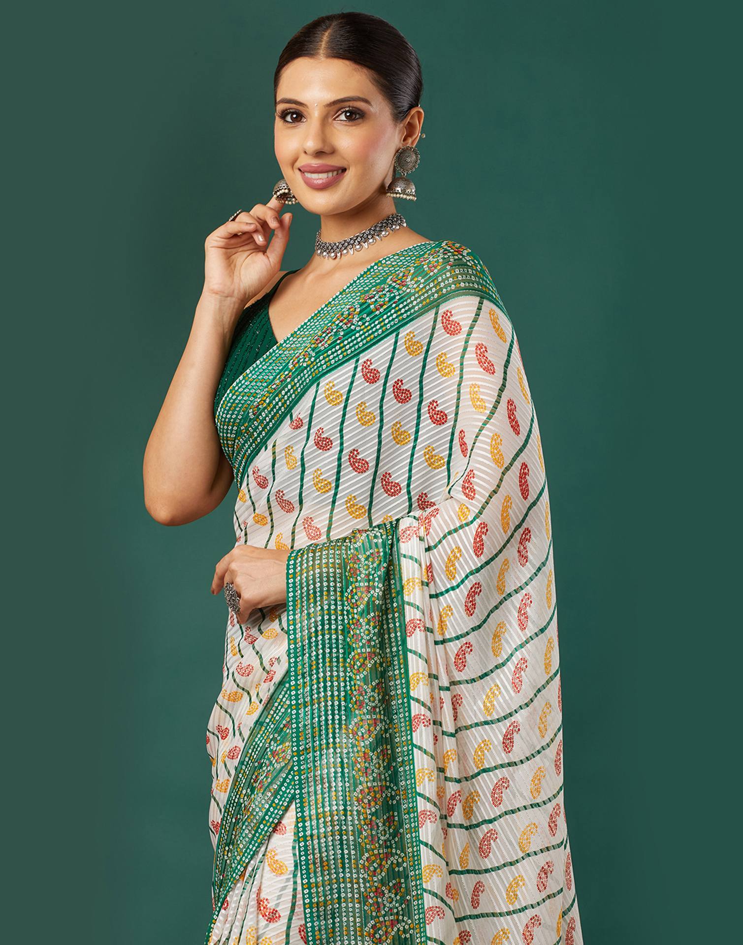 Dark Green Georgette Bandhani Printed Saree