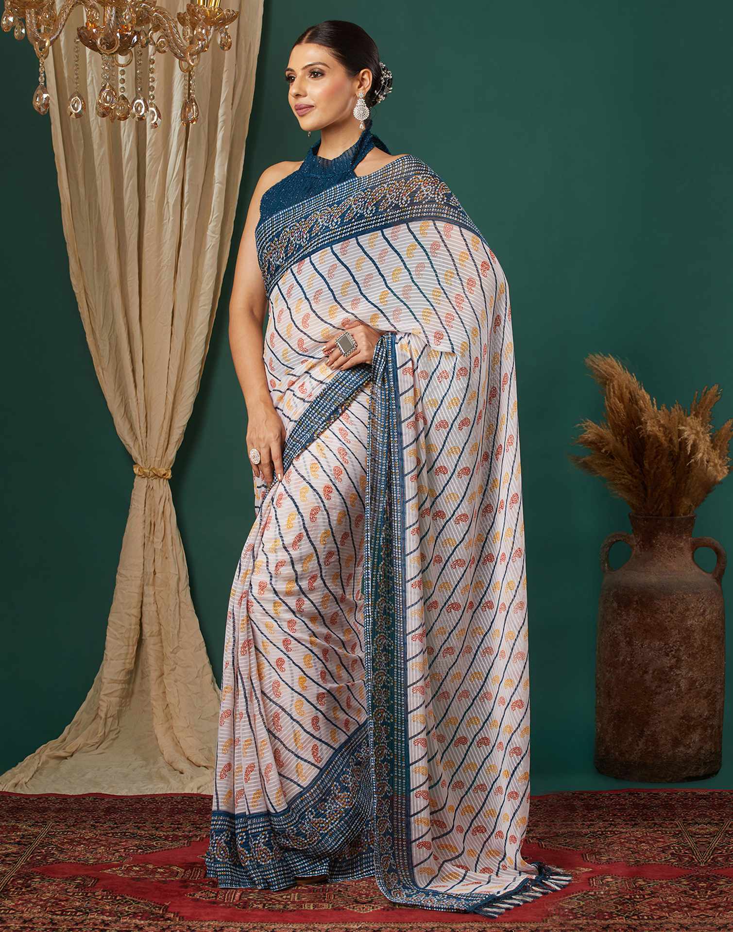 Rama Blue Georgette Bandhani Printed Saree