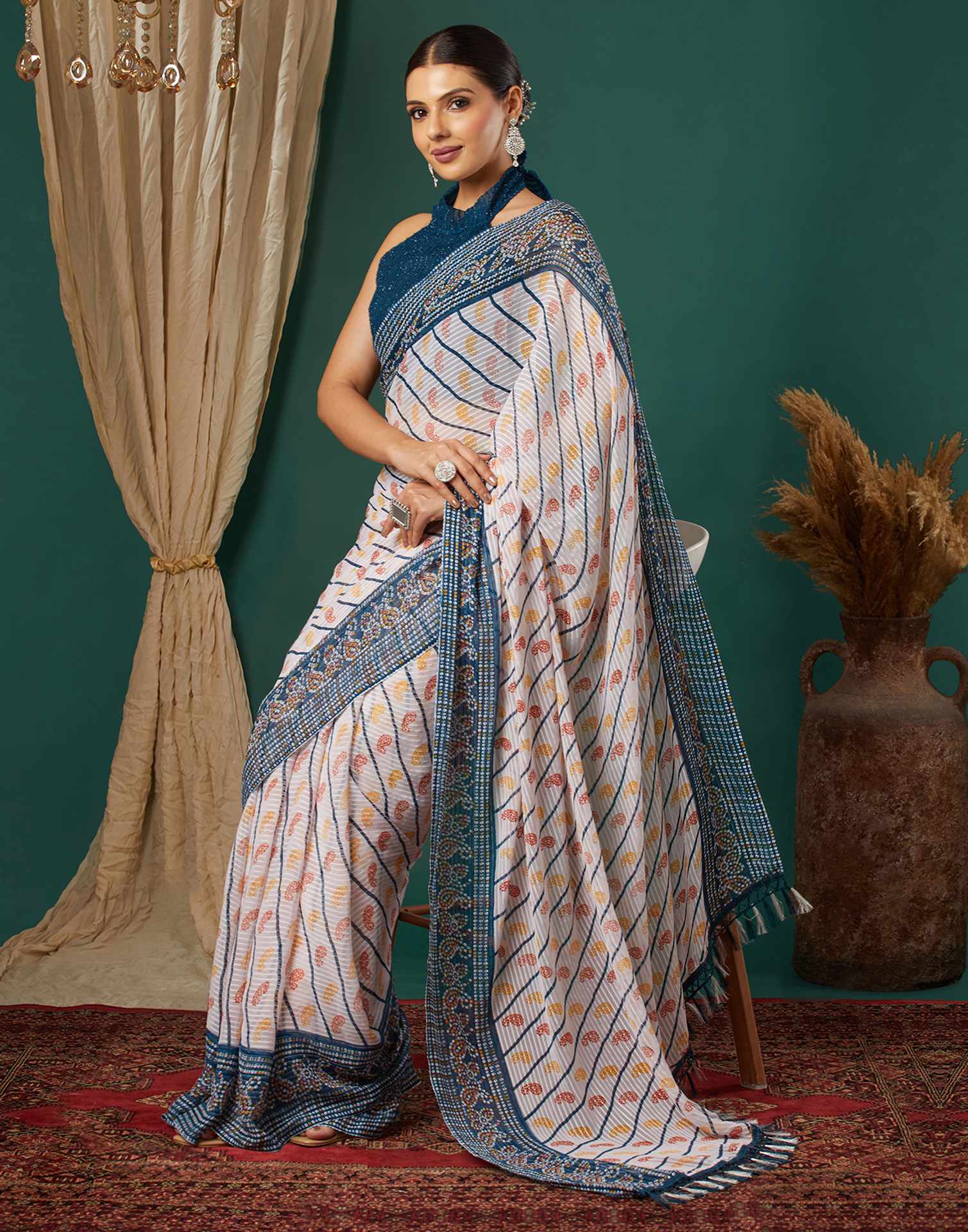 Rama Blue Georgette Bandhani Printed Saree