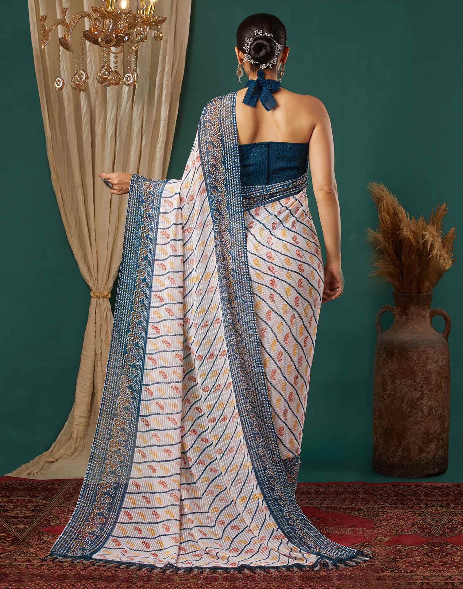 Rama Blue Georgette Bandhani Printed Saree