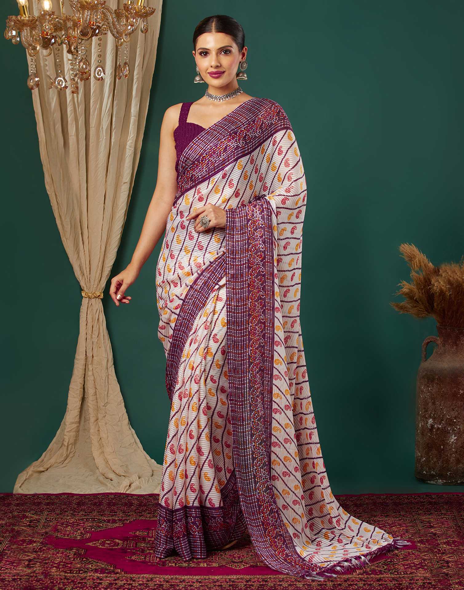 Wine Georgette Bandhani Printed Saree