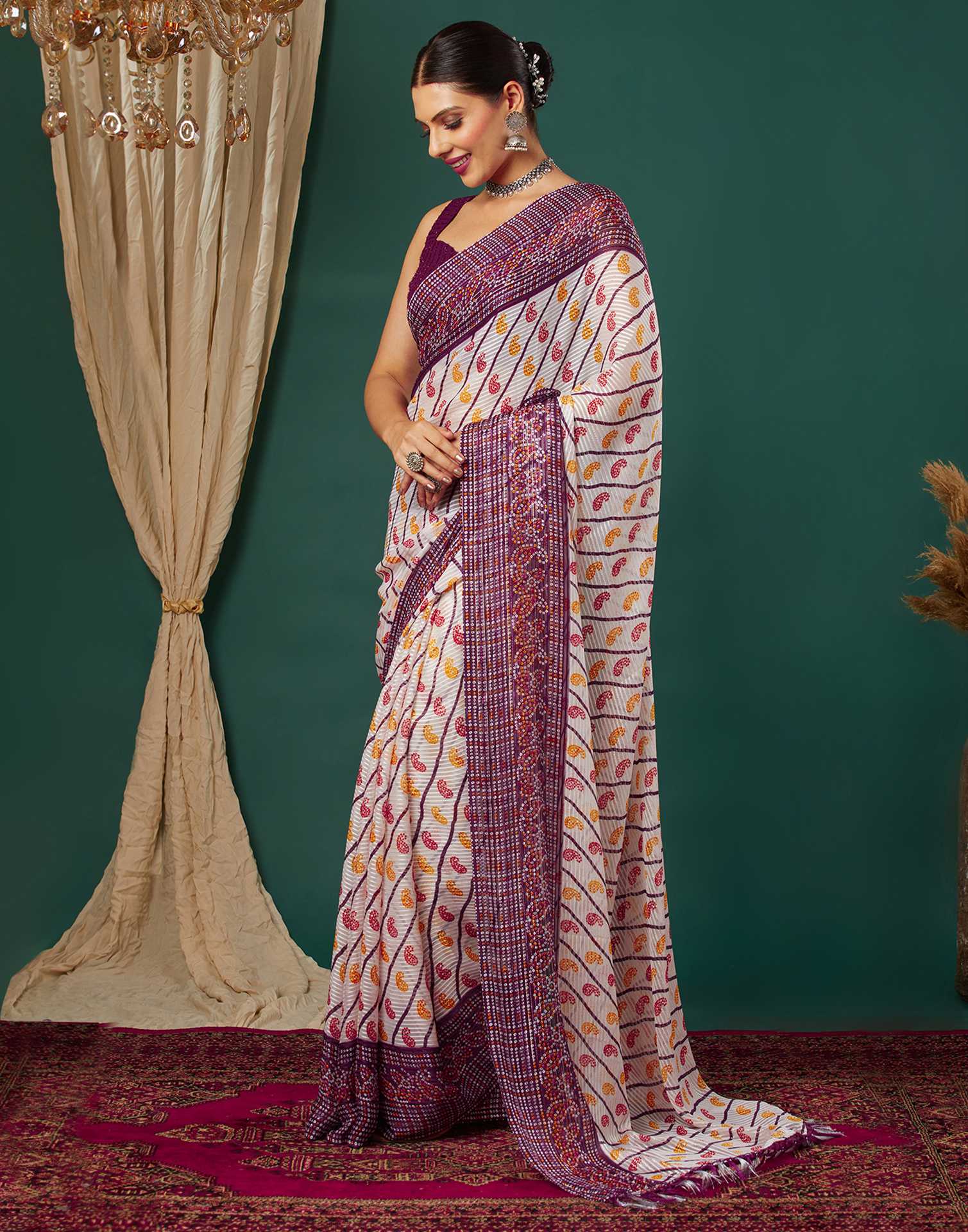 Wine Georgette Bandhani Printed Saree