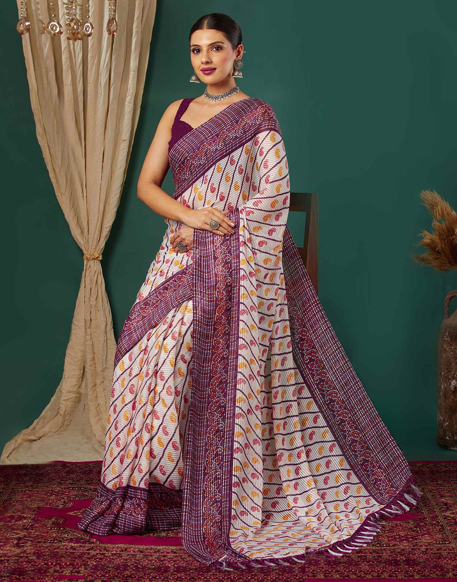 Wine Georgette Bandhani Printed Saree