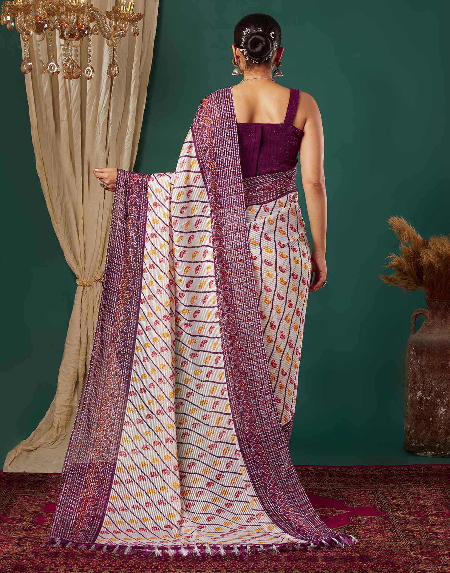 Wine Georgette Bandhani Printed Saree