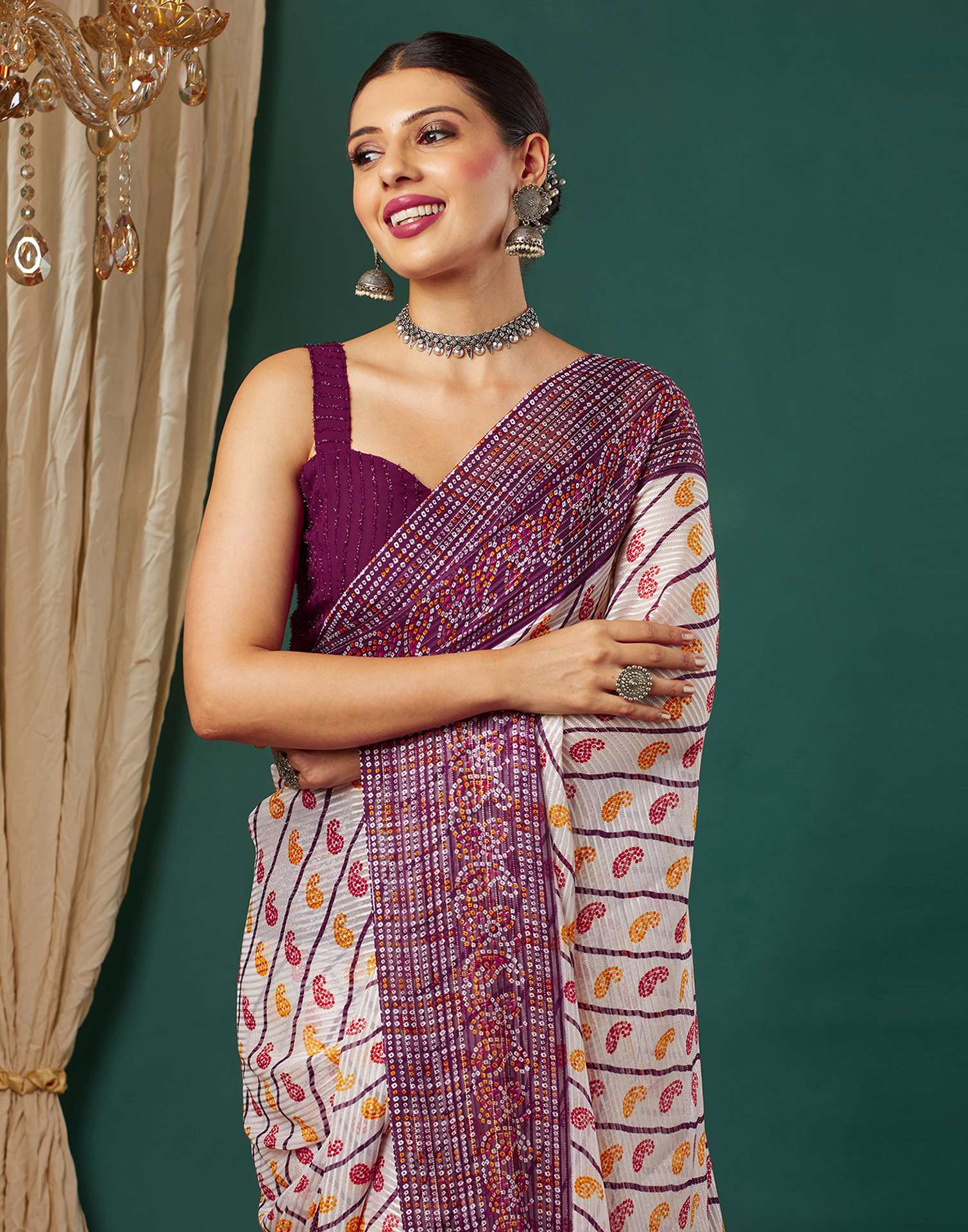 Wine Georgette Bandhani Printed Saree