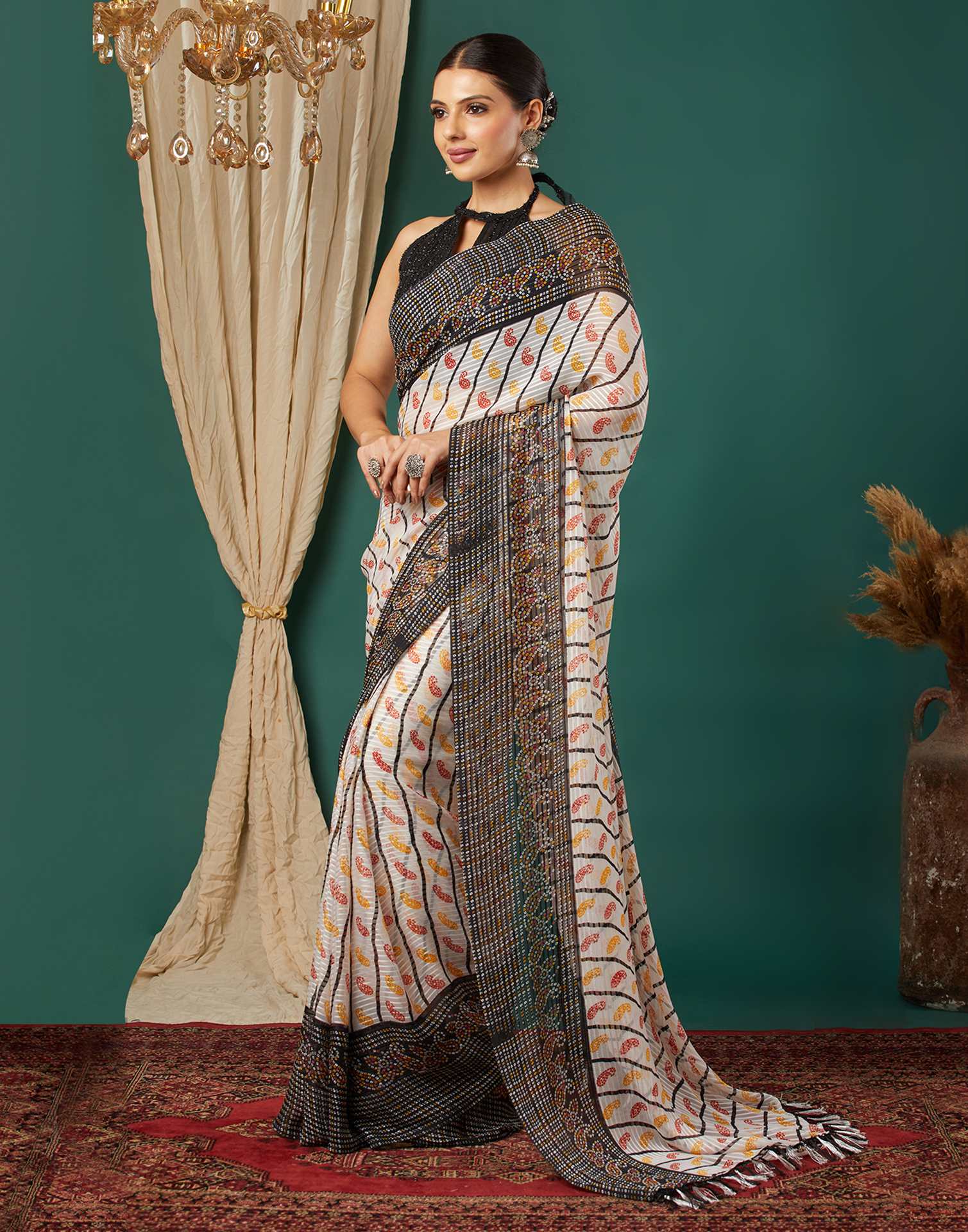 Black Georgette Bandhani Printed Saree