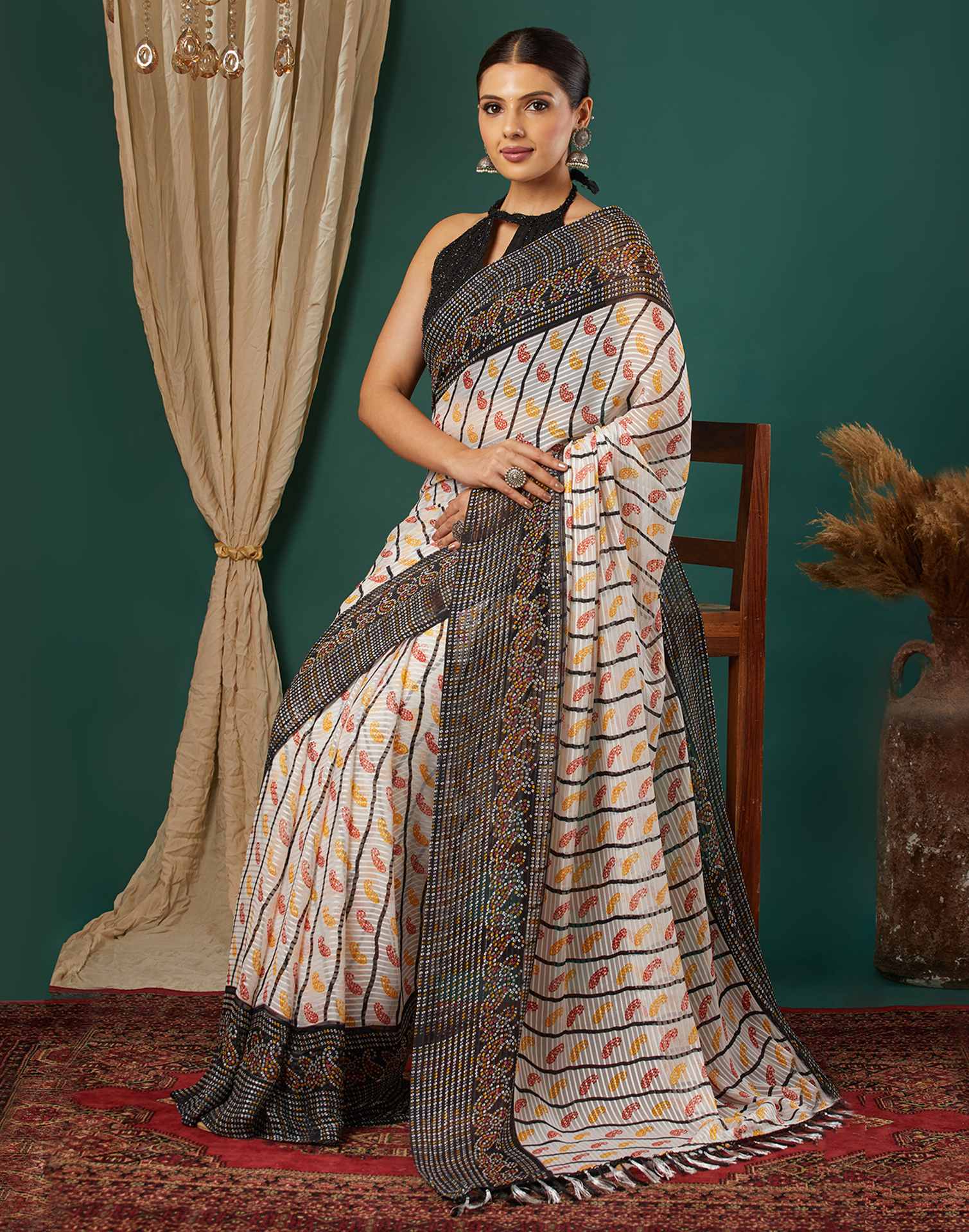Black Georgette Bandhani Printed Saree