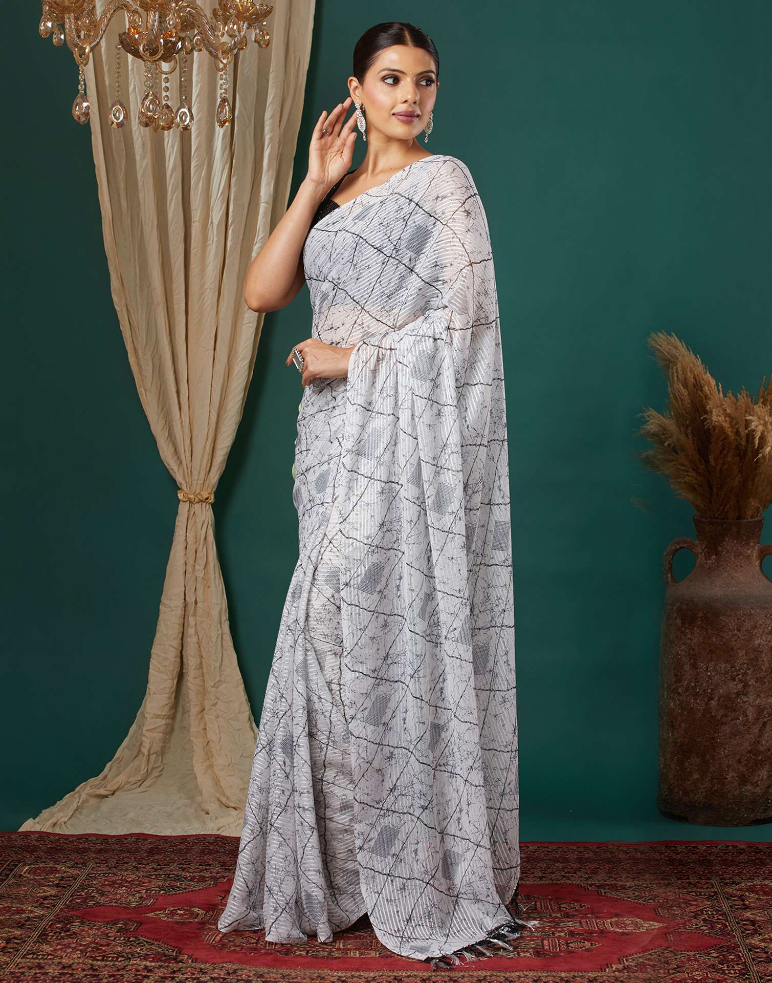 White Georgette Printed Saree