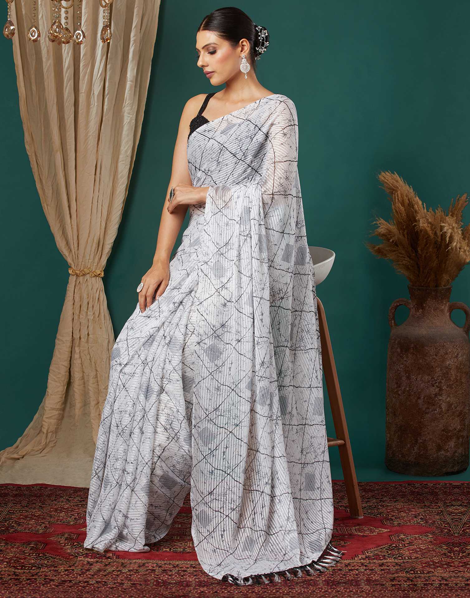 White Georgette Printed Saree