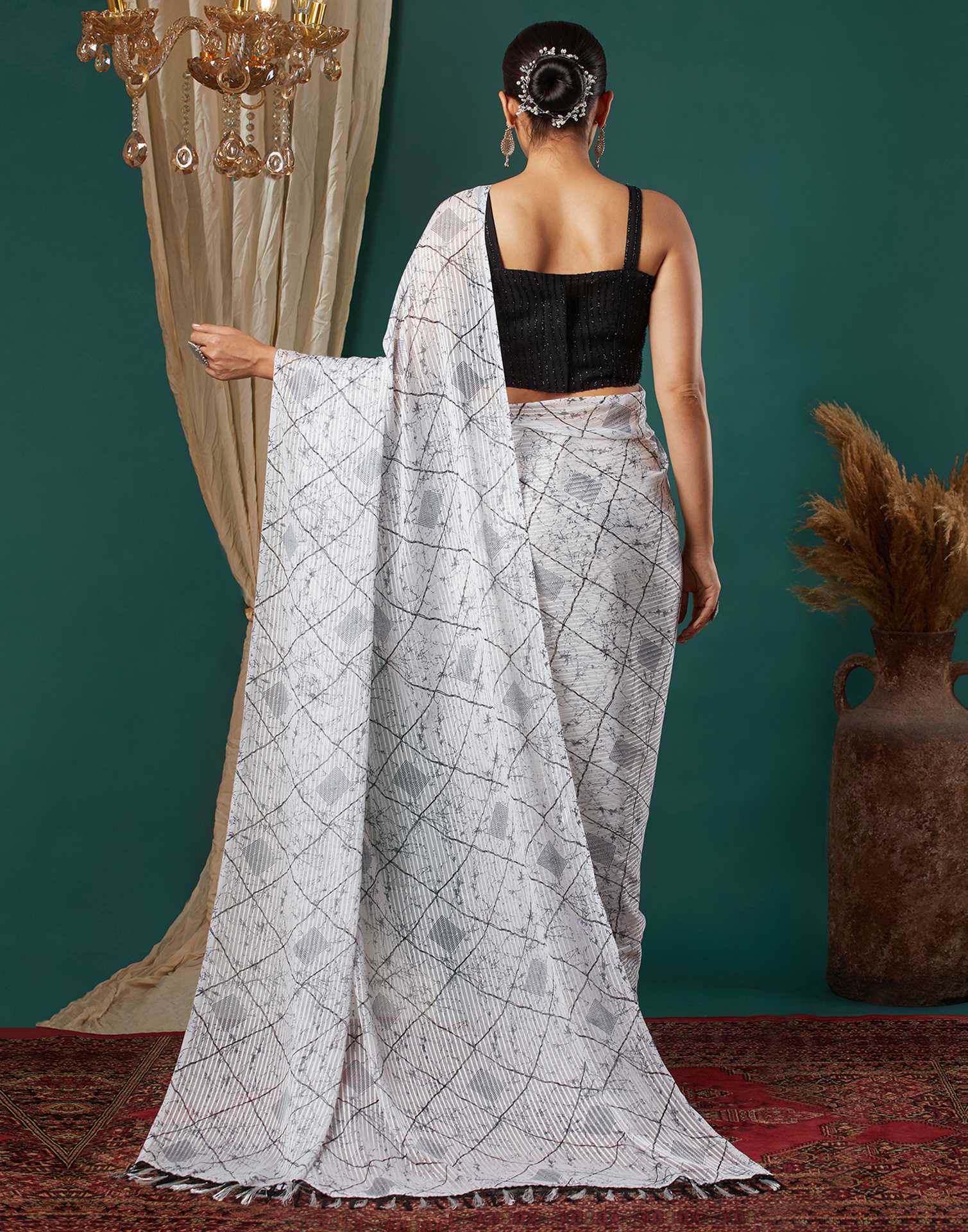 White Georgette Printed Saree