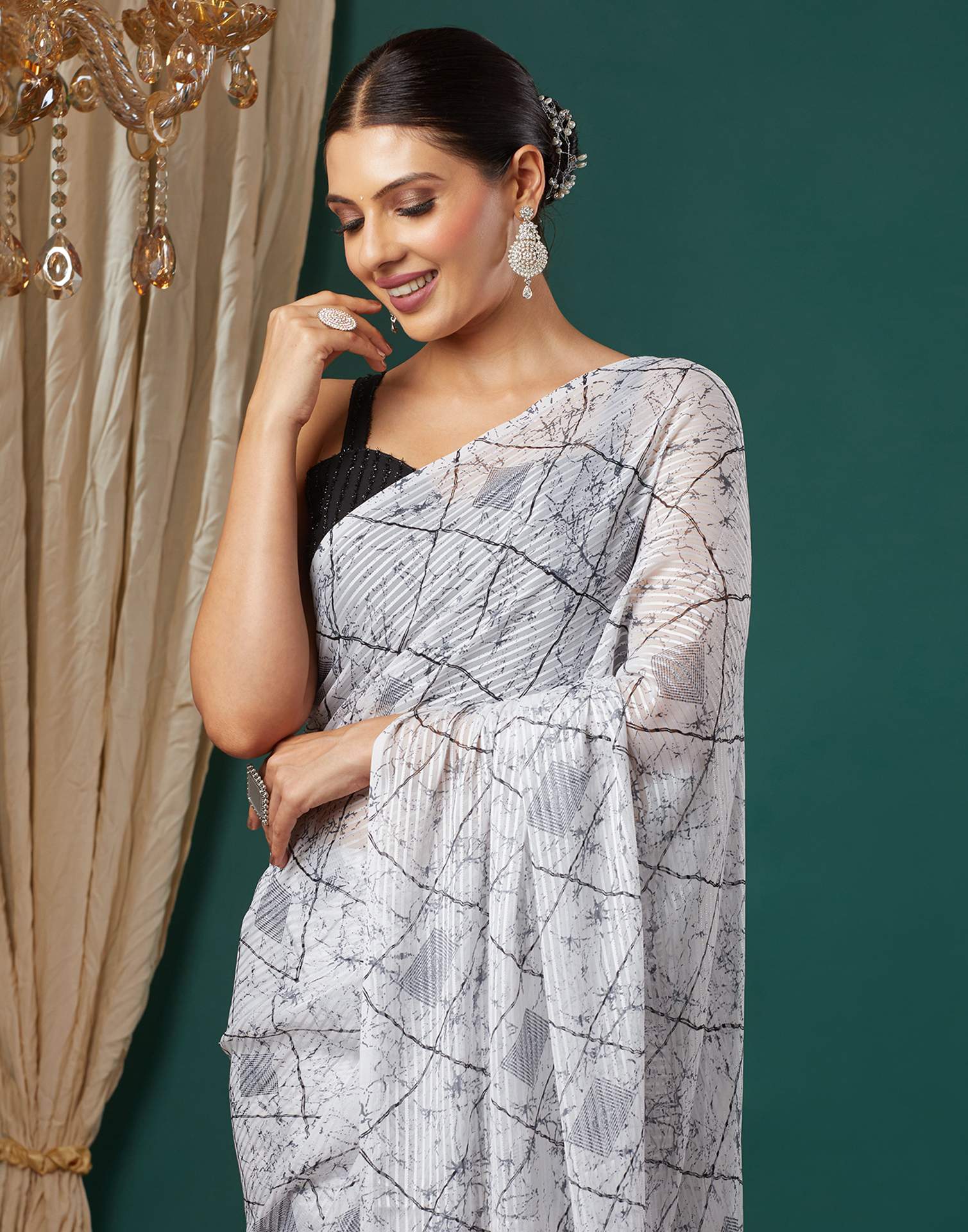 White Georgette Printed Saree