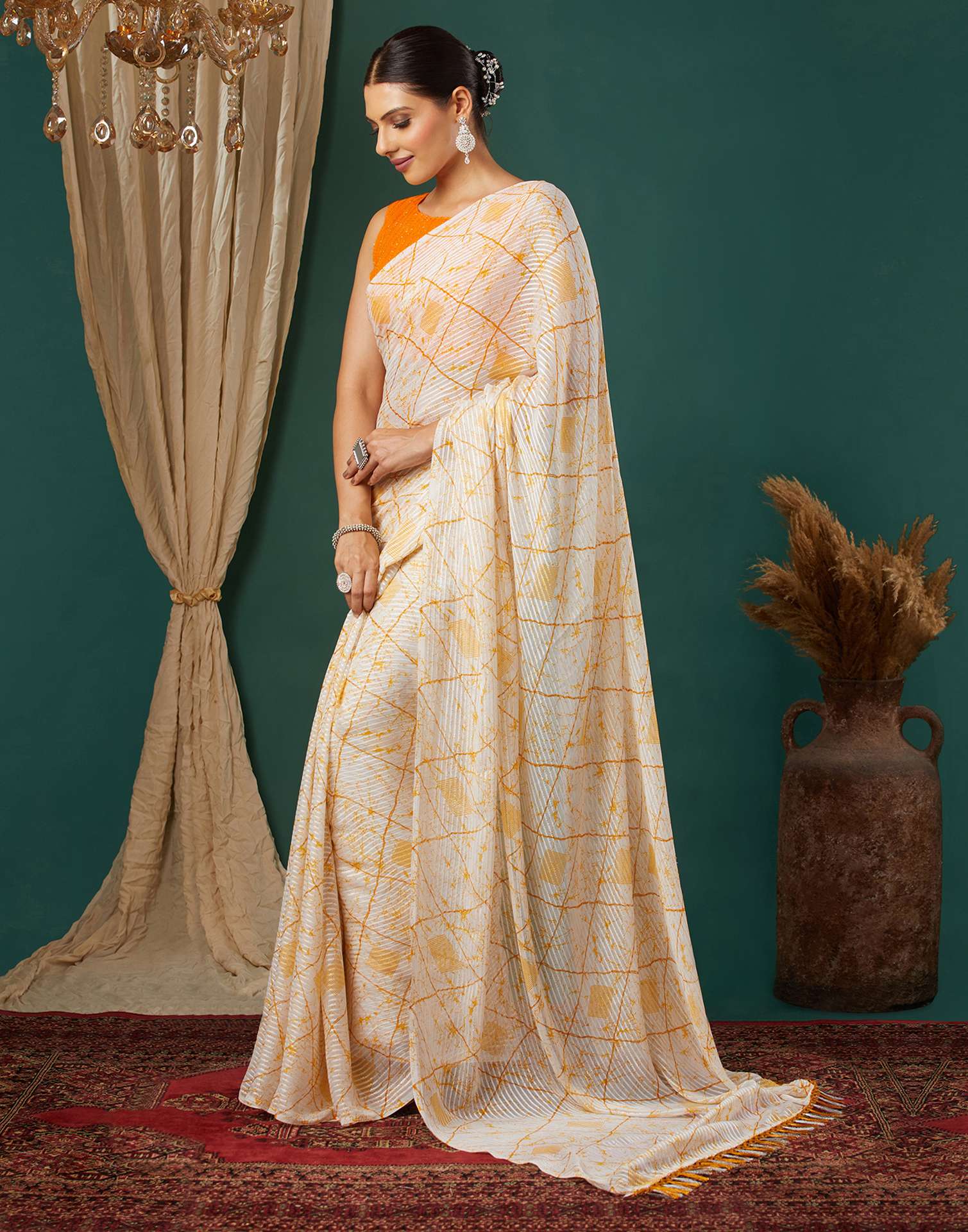 White Georgette Printed Saree