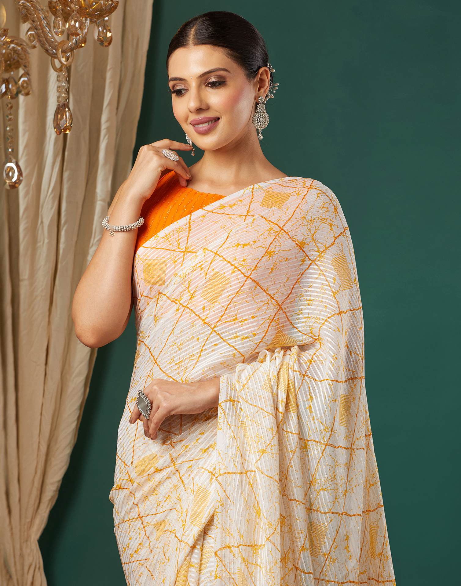 White Georgette Printed Saree